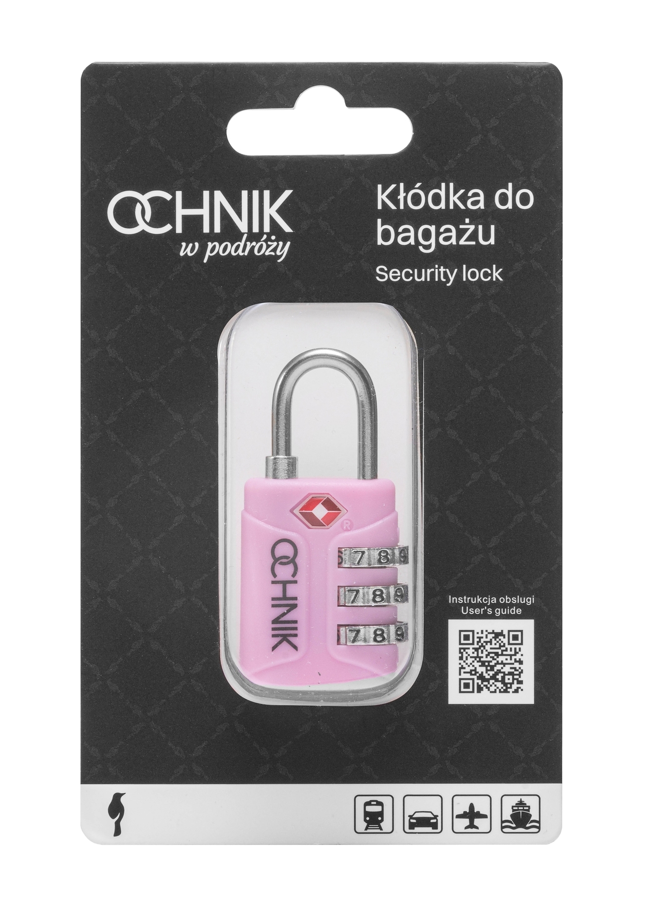 Różowa szyfrowa kłódka TSA AW-015-0003-34(W25), widok produktu w opakowaniu na białym tle.