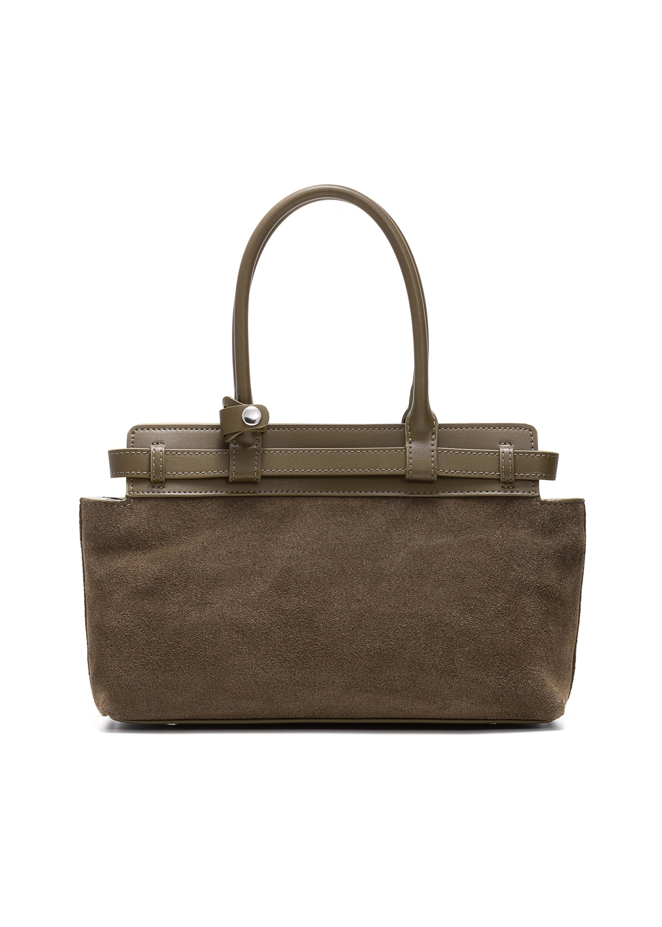 Zamszowa torebka damska w kolorze khaki TORES-1192-55(Z25), widok produktu z tyłu na białym tle.