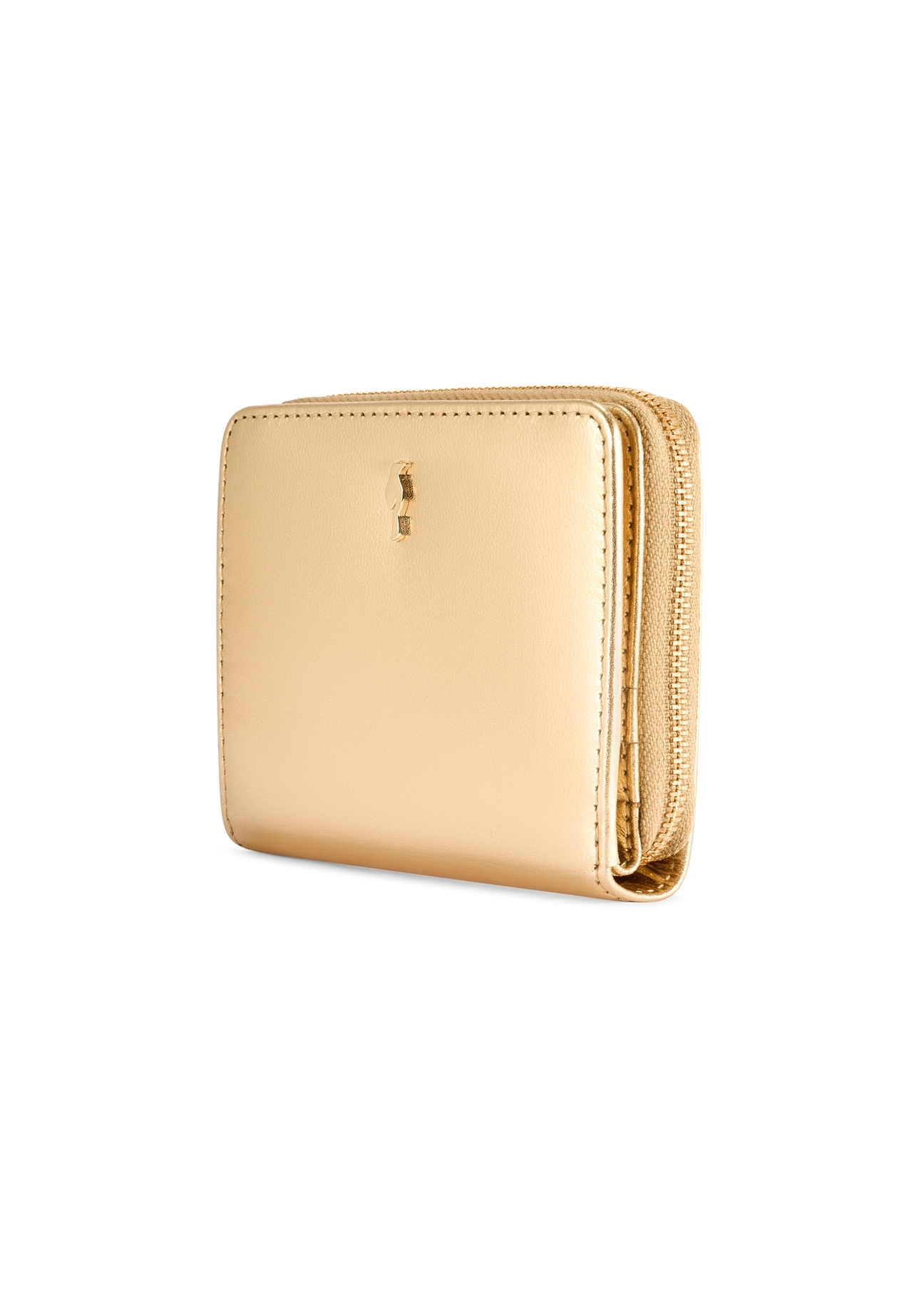 Mały skórzany złoty portfel damski PORES-0960-2X(W26) - widok produktu po skosie, na białym tle. 
 