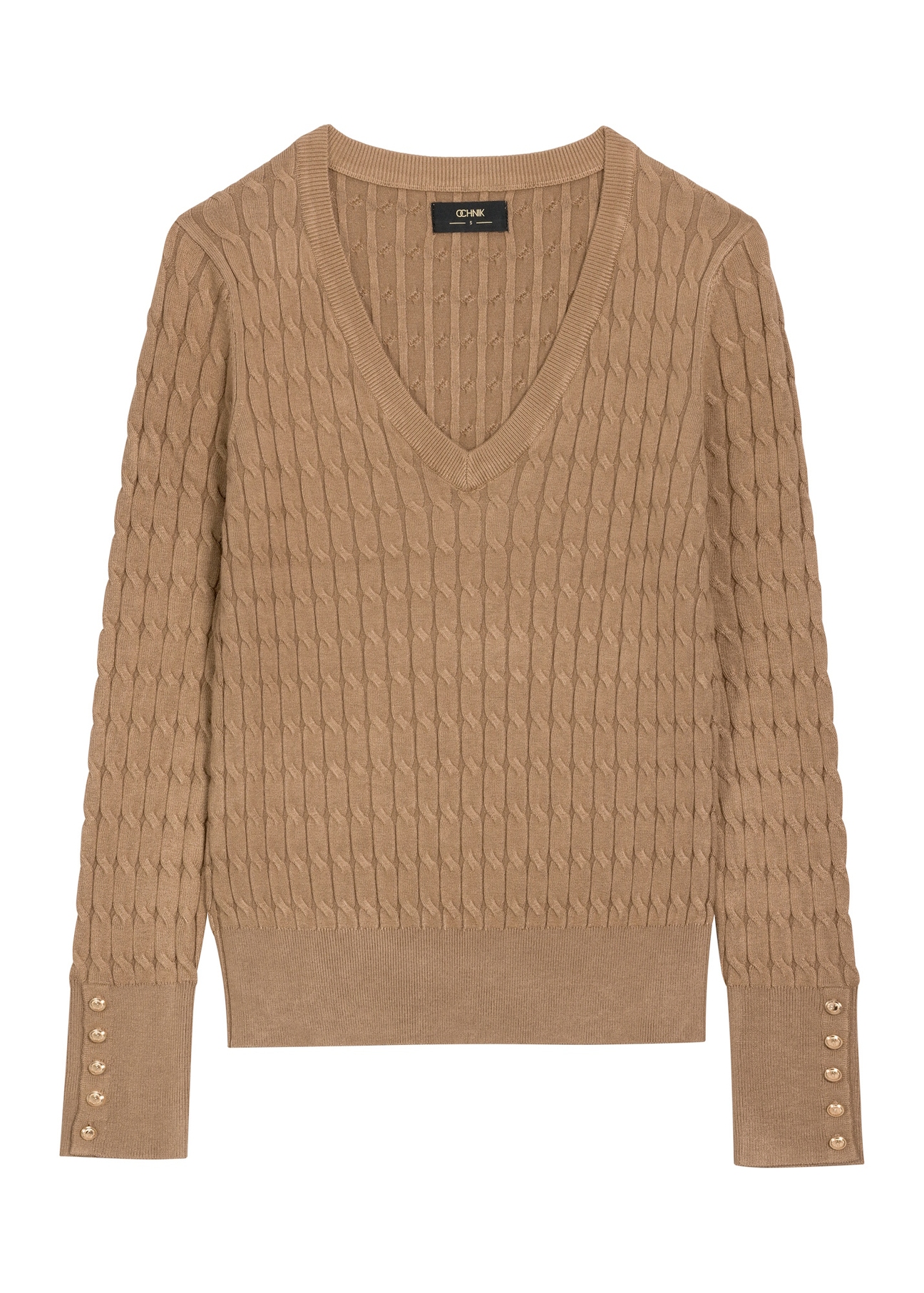 Sweter damski w kolorze camelu SWEDT-0212A-1D(Z26), widok produktu z przodu na białym tle.