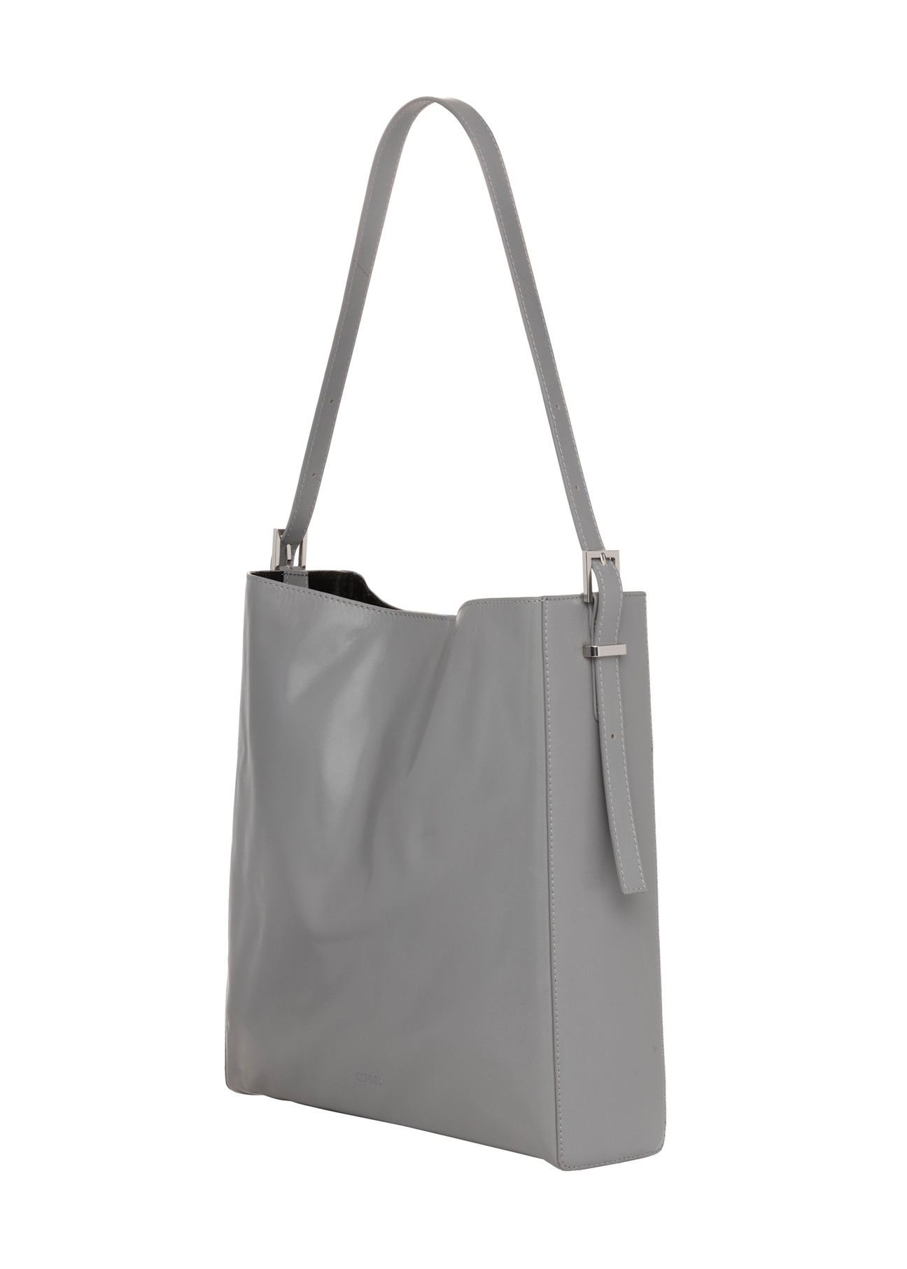 Grafitowa skórzana torebka shopper TORES-1436-9D(Z26), widok produktu skosem na jasnym tle.