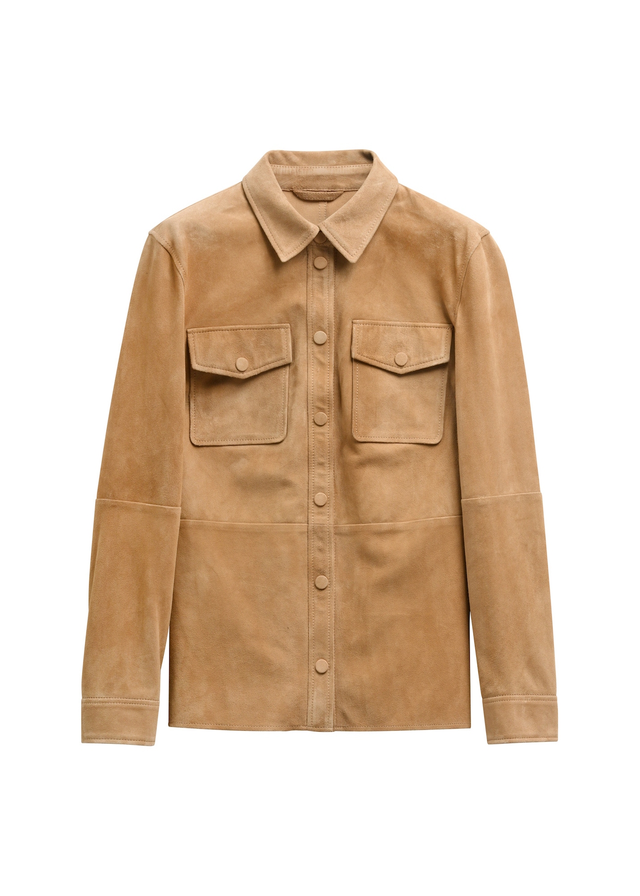 Skórzana koszula damska w kolorze beżowym KOSDS-0006-1B(W26) - widok produktu z przodu, na białym tle. 