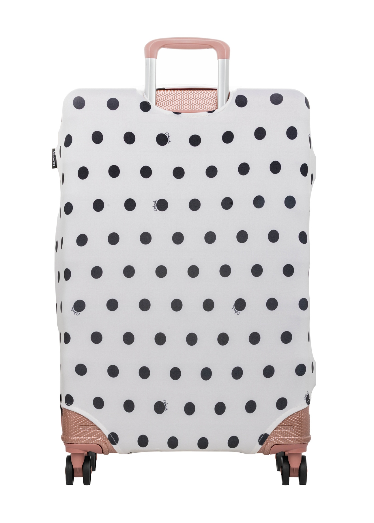 Pokrowiec na dużą walizkę w kropki AW-013-0007-0P-L(W26), widok produktu z tyłu na walizce.