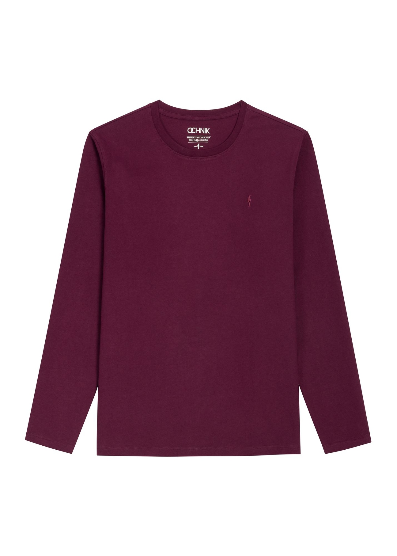 Bordowy bawełniany longsleeve męski LSLMT-0013-4D(Z26) - widok produktu z przodu, na białym tle. 