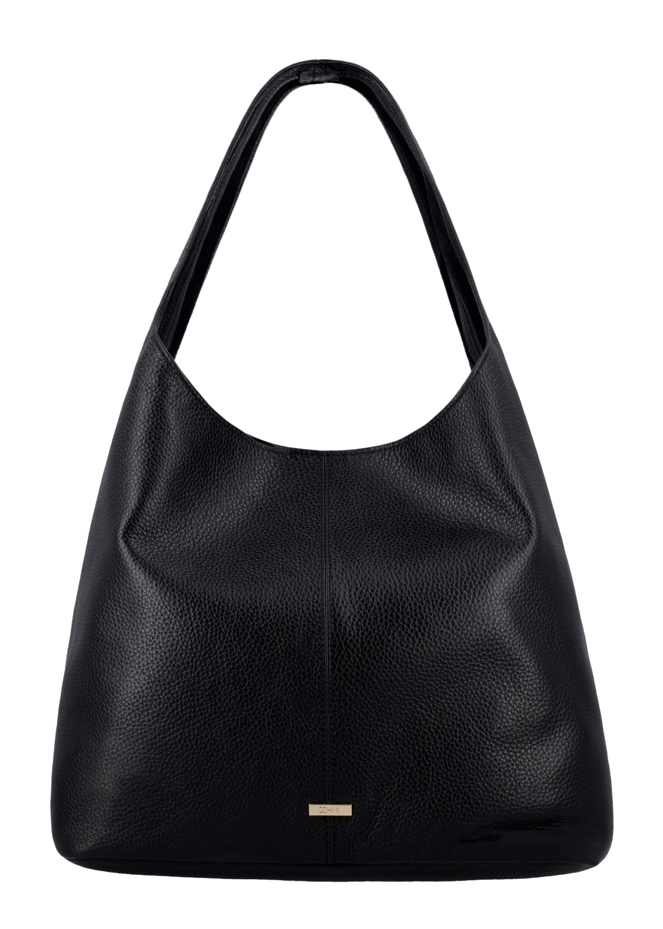 Czarna skórzana torebka shopper TORES-1372-9I(Z26) - widok produktu z przodu, na białym tle. 