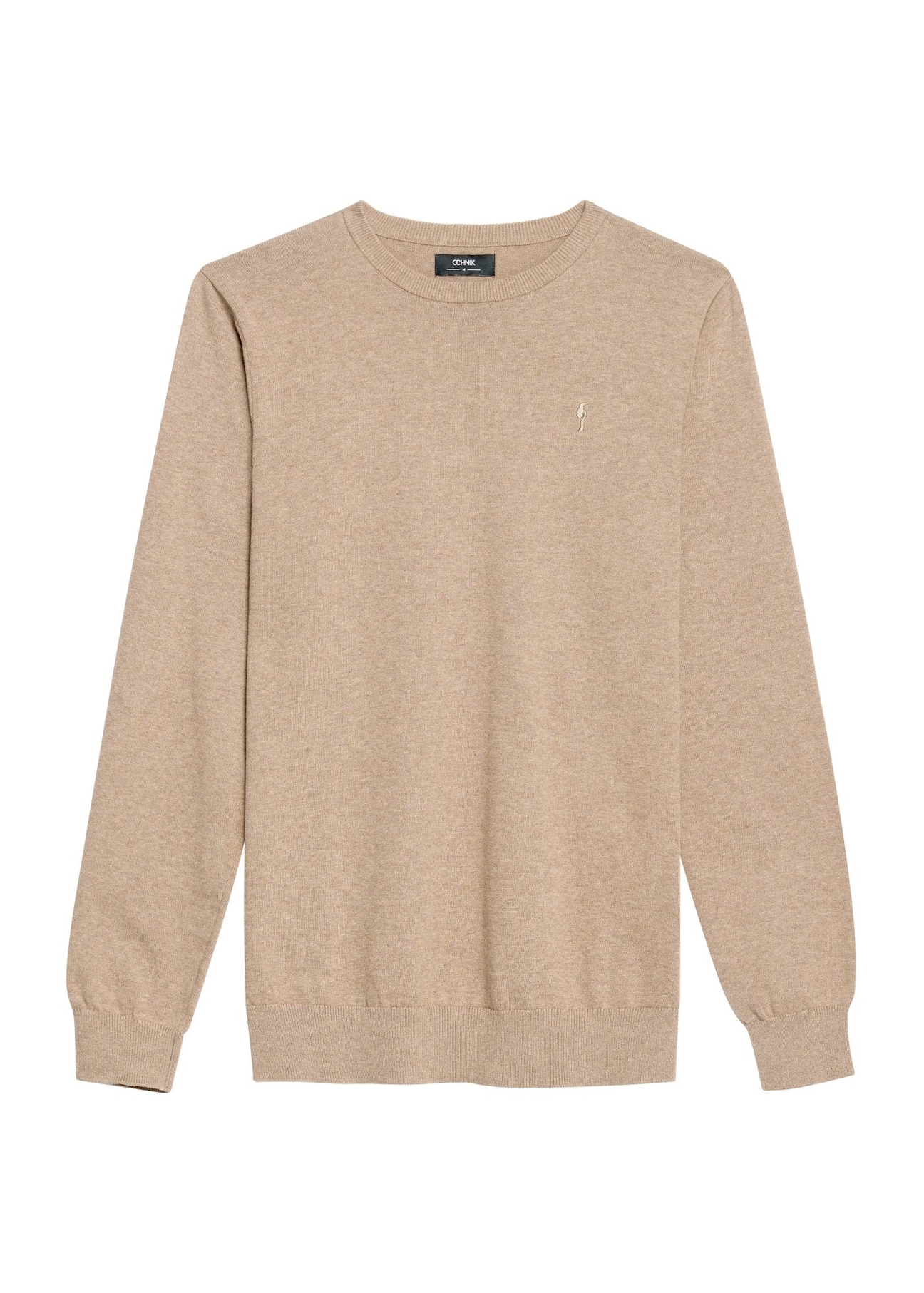 Camelowy bawełniany sweter męski SWEMT-0114A-24(Z25), widok produktu od przodu na białym tle.
