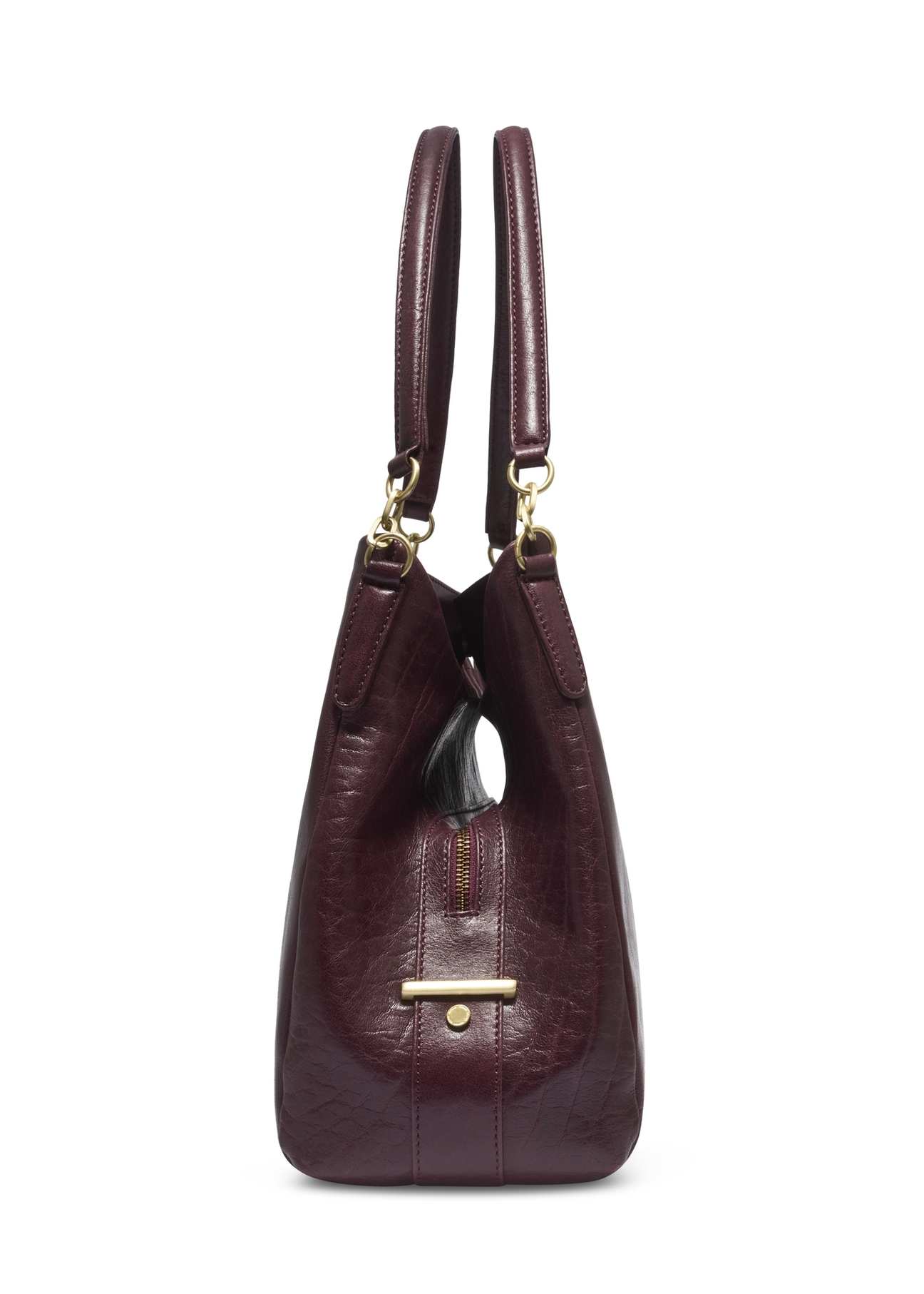 Bordowa skórzana damska torebka shopper TORES-0636-4D(Z26), widok produktu z boku na białym tle.