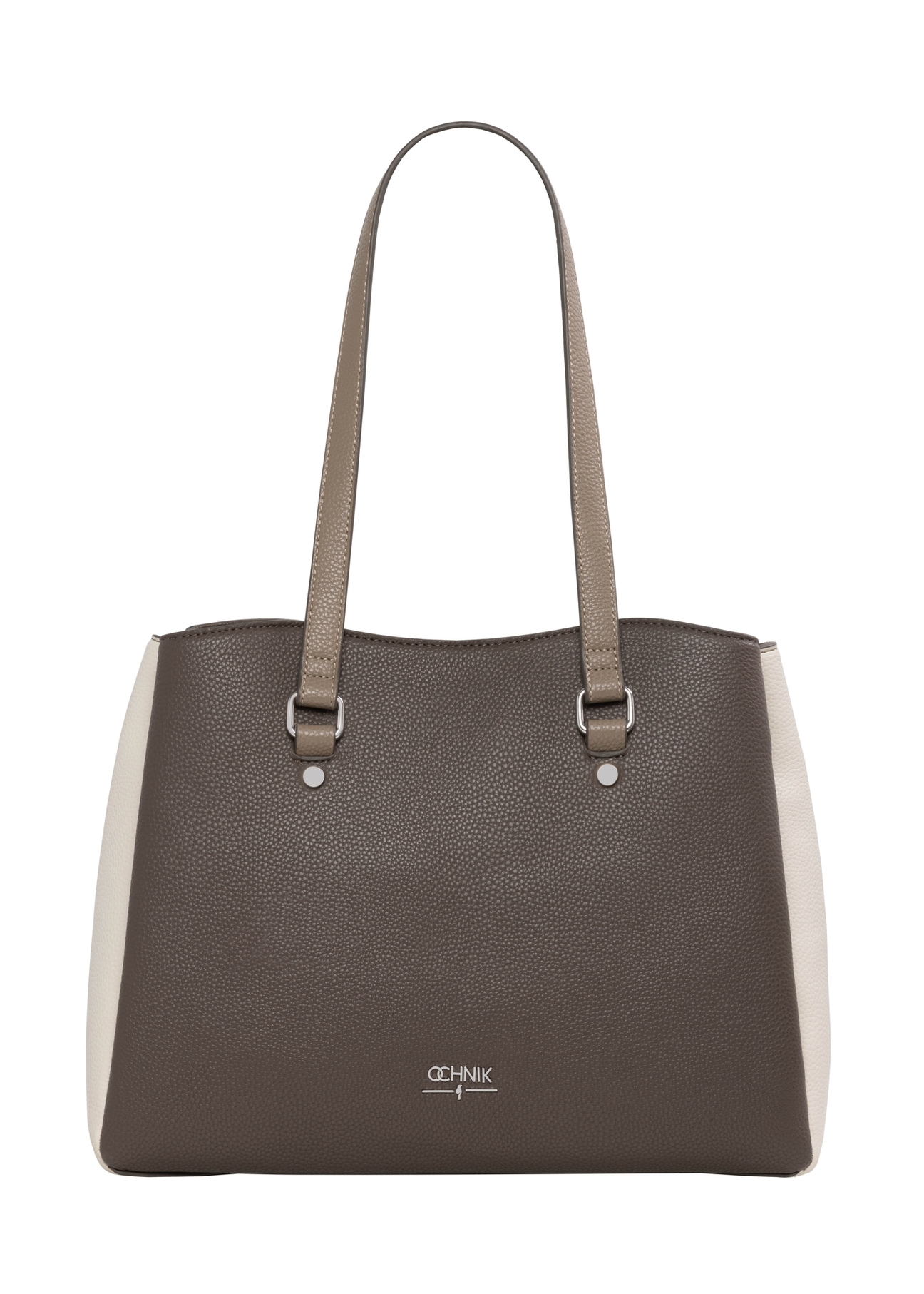 Torebka shopper w kolorze chłodnego beżu TOREC-1260-1K(Z26), widok produktu od przodu na białym tle.