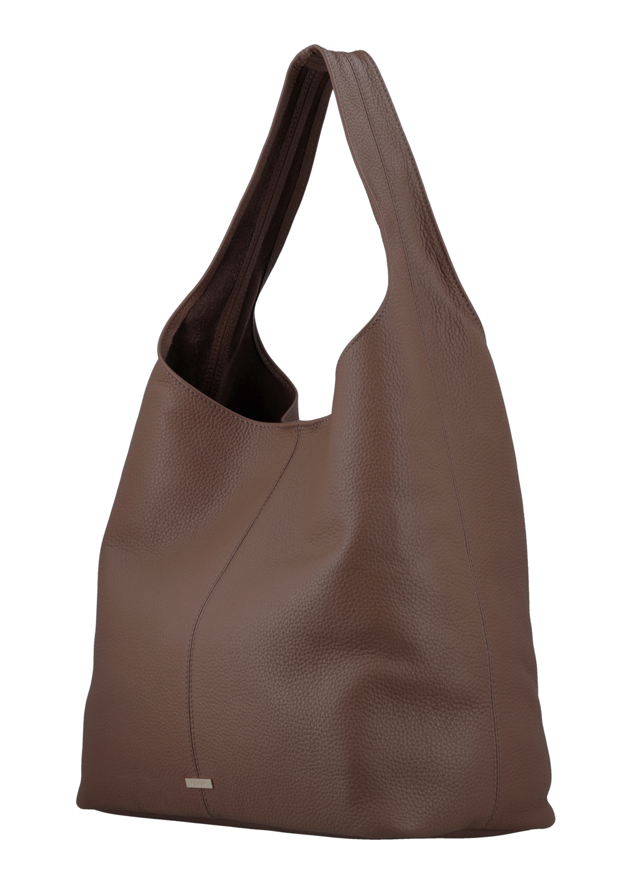Beżowa skórzana torebka shopper TORES-1372-1K(Z26) - widok produktu po skosie, na białym tle. 