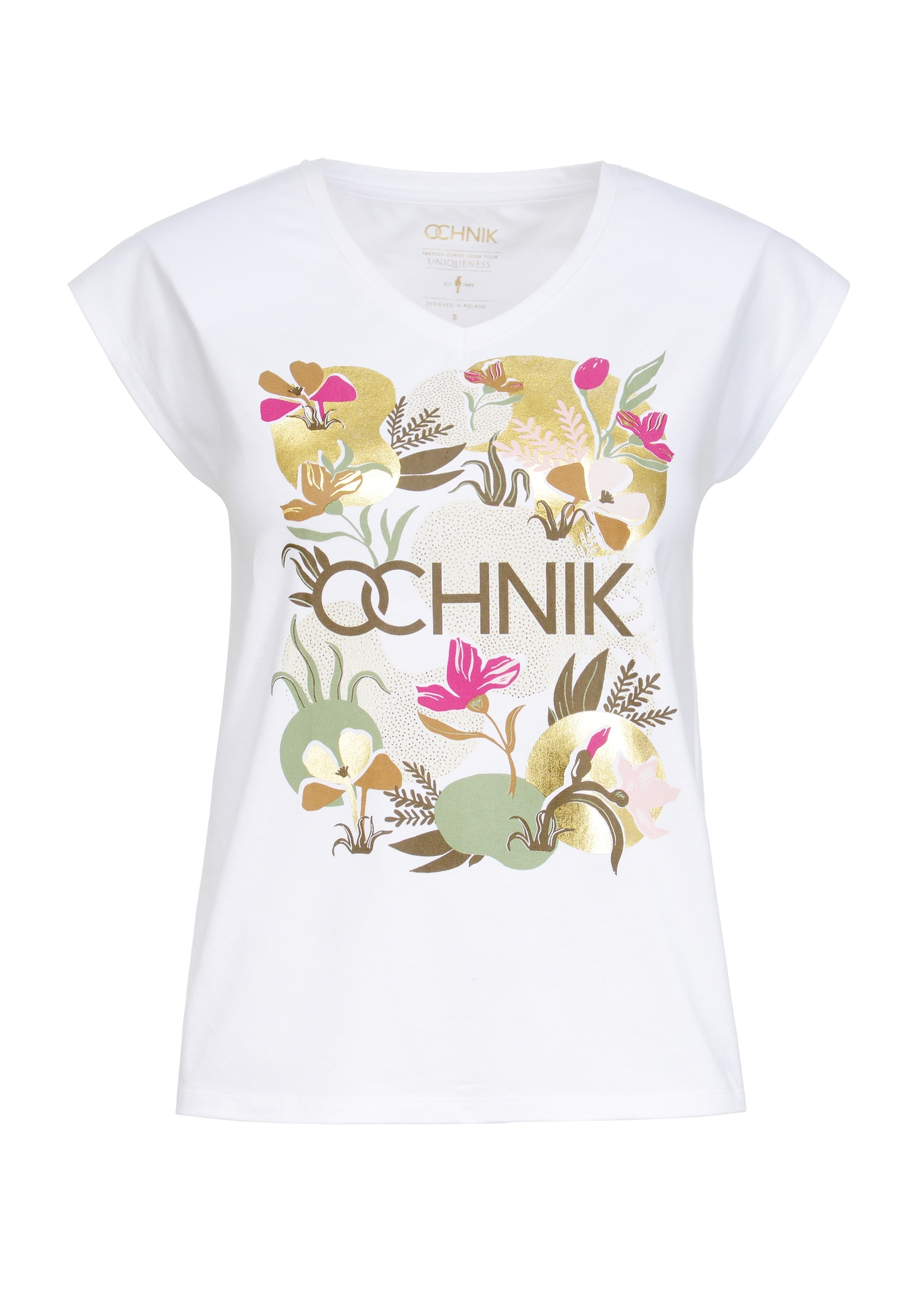 Biały T-shirt damski w serek TSHDT-0098-11(Z22)-04