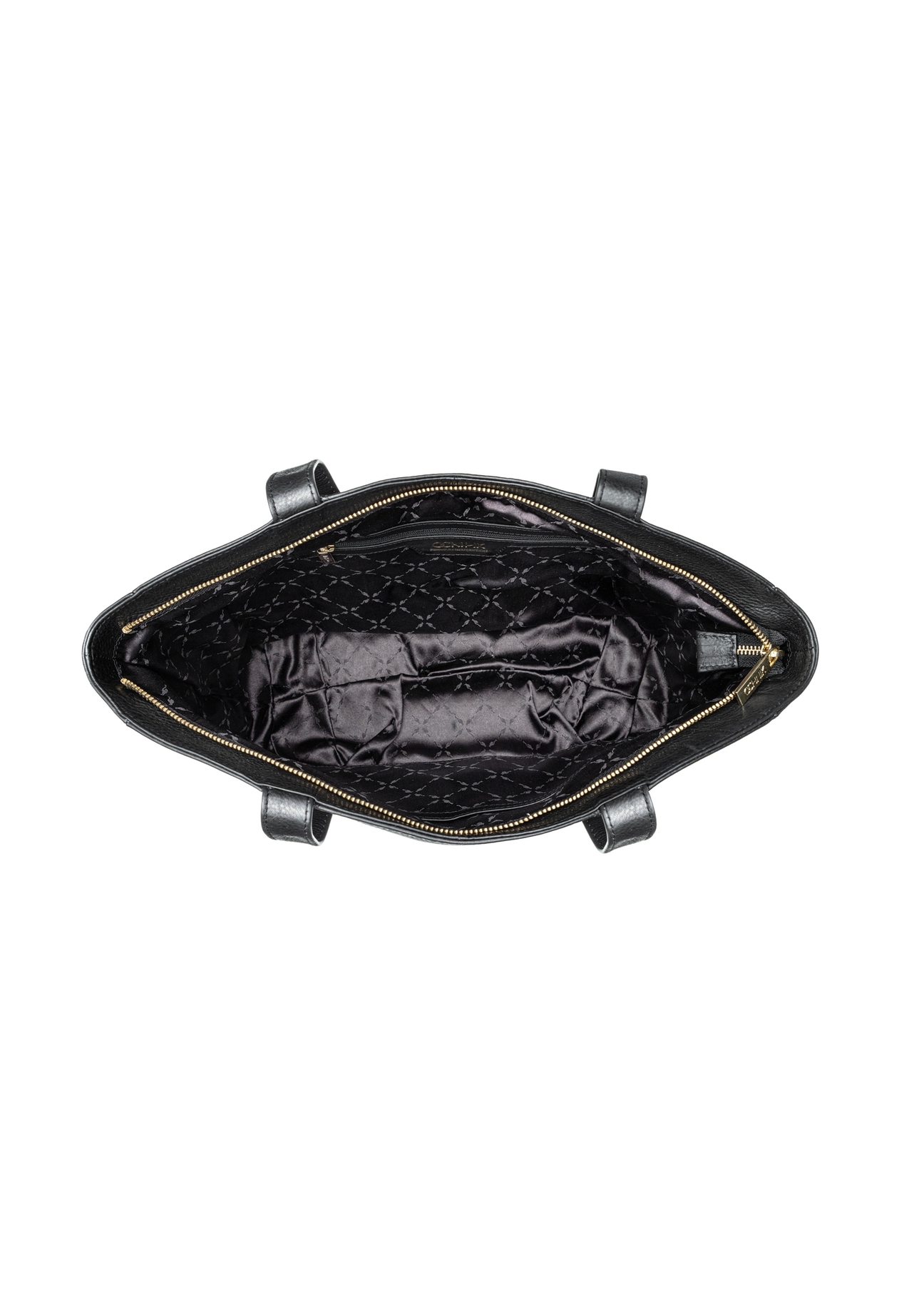 Czarna skórzana torebka shopper damska TORES-1255-99(W26) - widok produktu z góry, na białym tle. 