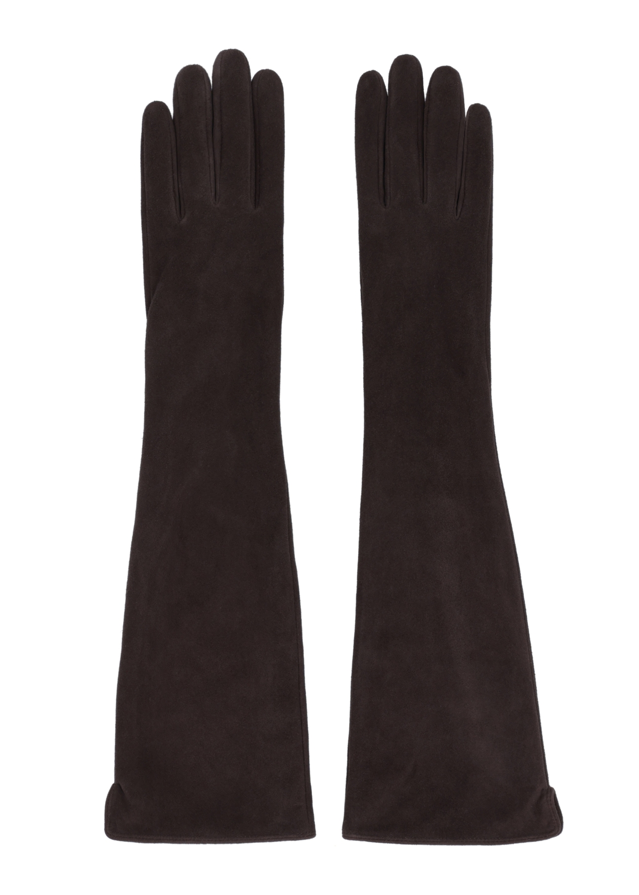 Długie skórzane ciemnobrązowe rękawiczki damskie REKDS-0088-1I(Z26), widok produktu z przodu na białym tle.