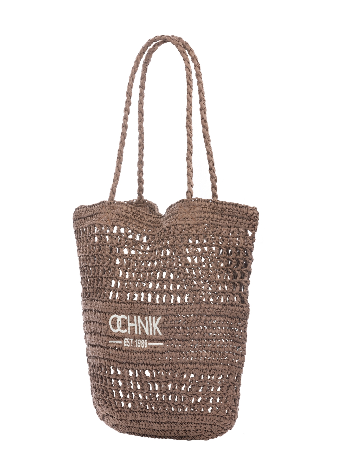 Słomkowa brązowa torebka shopper damska TOREC-0924-1H(W26), widok produktu po skosie na białym tle.