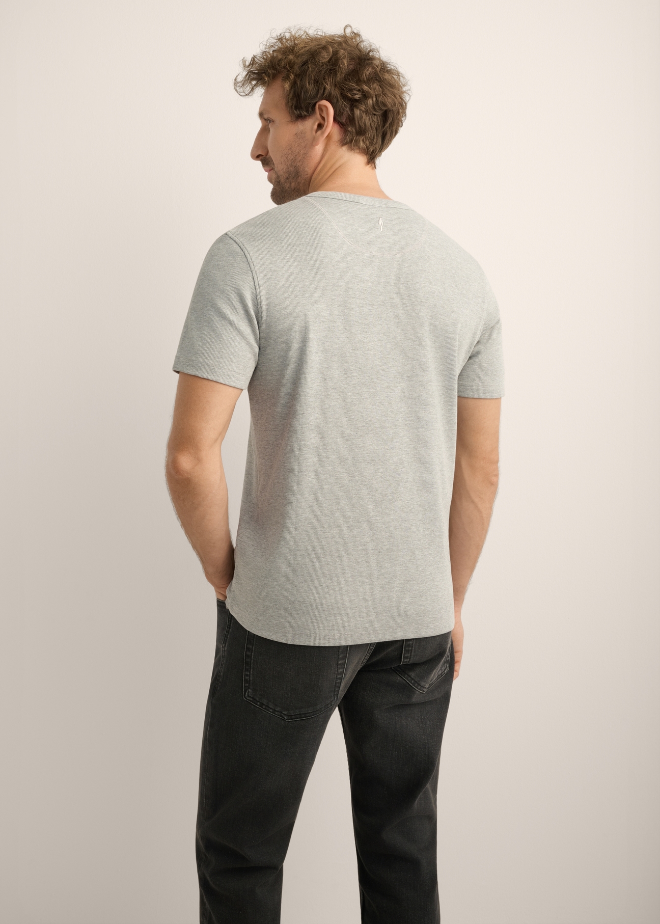 Szary prążkowany t-shirt męski TSHMT-0159-9B(Z26), widok produktu od tyłu na modelu. Widoczna połowa sylwetki.