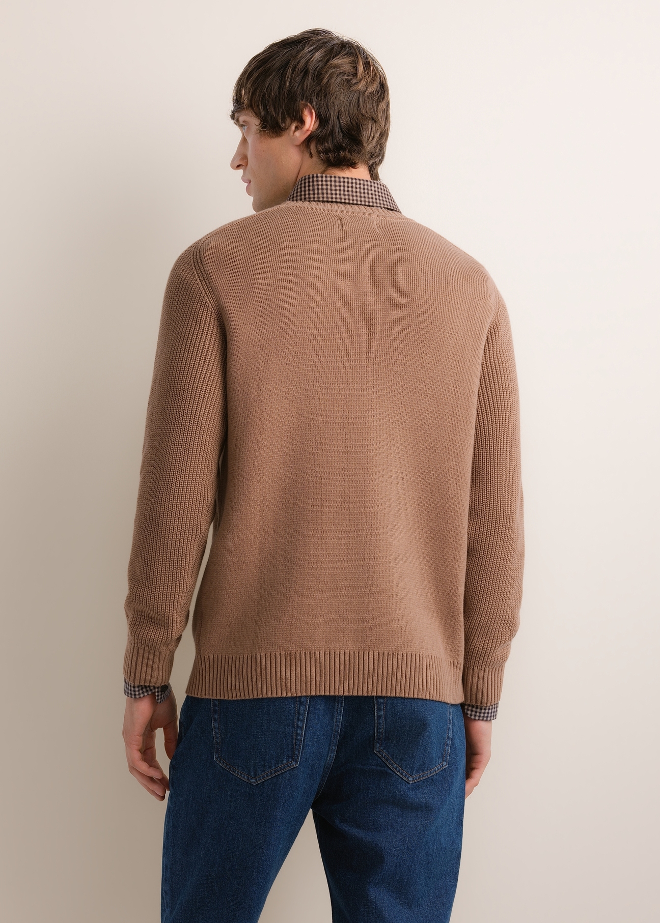 Bawełniany sweter męski w kolorze chłodnego beżu SWEMT-0208-1K(Z26), widok produktu od tyłu na modelu. Widoczna połowa sylwetki.