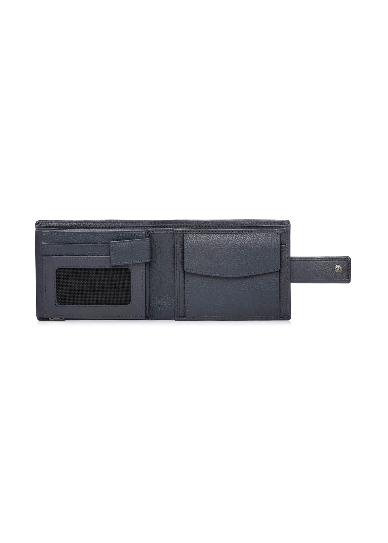 Skórzany portfel męski w kolorze granatowym PORMS-0694-7E(W26) - widok produktu z góry, na białym tle.  