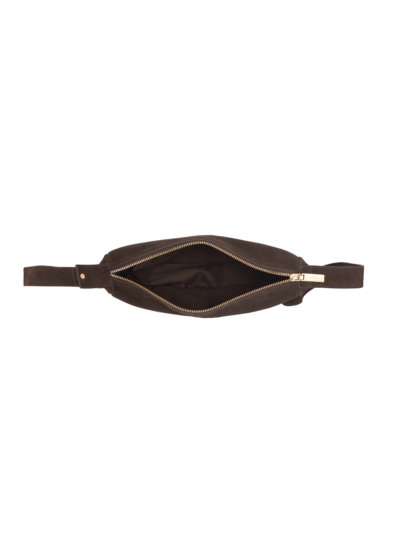 Skórzana półokrągła torebka damska w kolorze ciemnobrązowym TORES-1309-1I(W26), widok produktu w środku na białym tle.