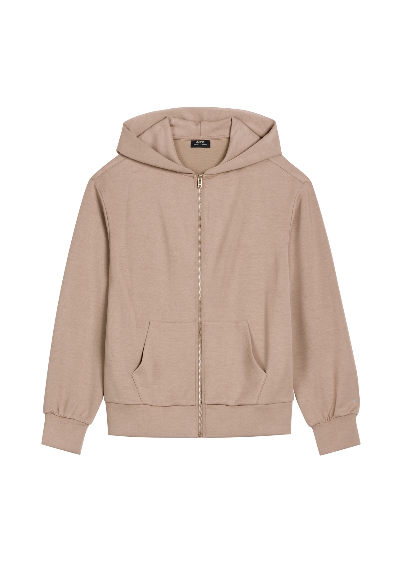 Kamelowa bluza damska z suwakiem BLZDT-0108A-1D(W26), widok produktu z przodu na białym tle.