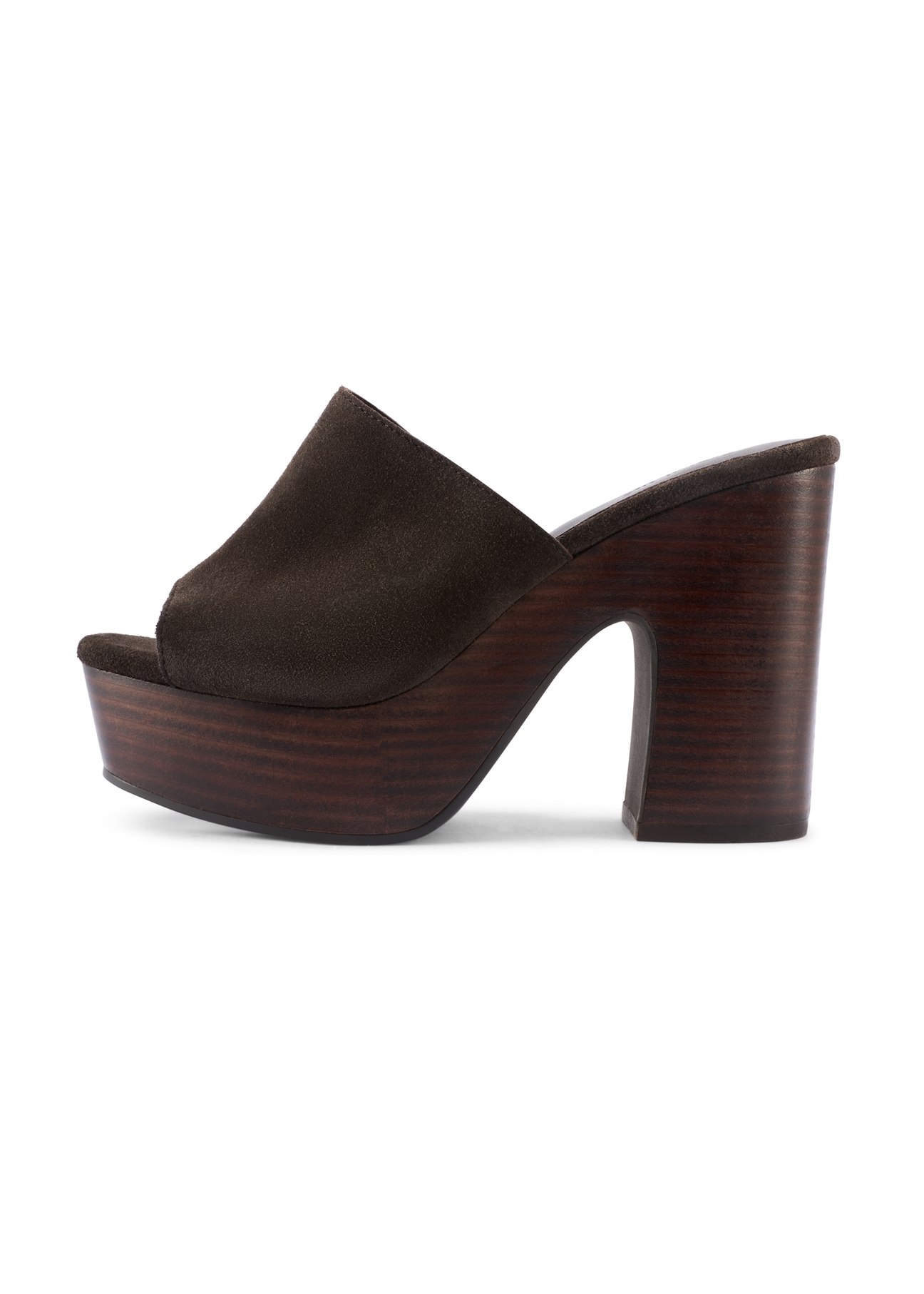 Ciemnobrązowe skórzane klapki damskie na słupku BUTYD-1275-1I(W26), widok produktu z boku na białym tle.