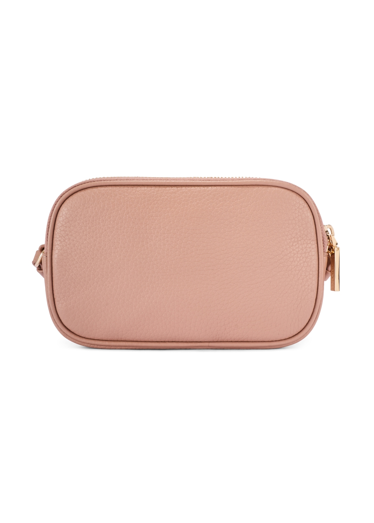 Mała różowa skórzana torebka damska TORES-0466E-5D(W26) - widok produktu z tyłu, na białym tle. 