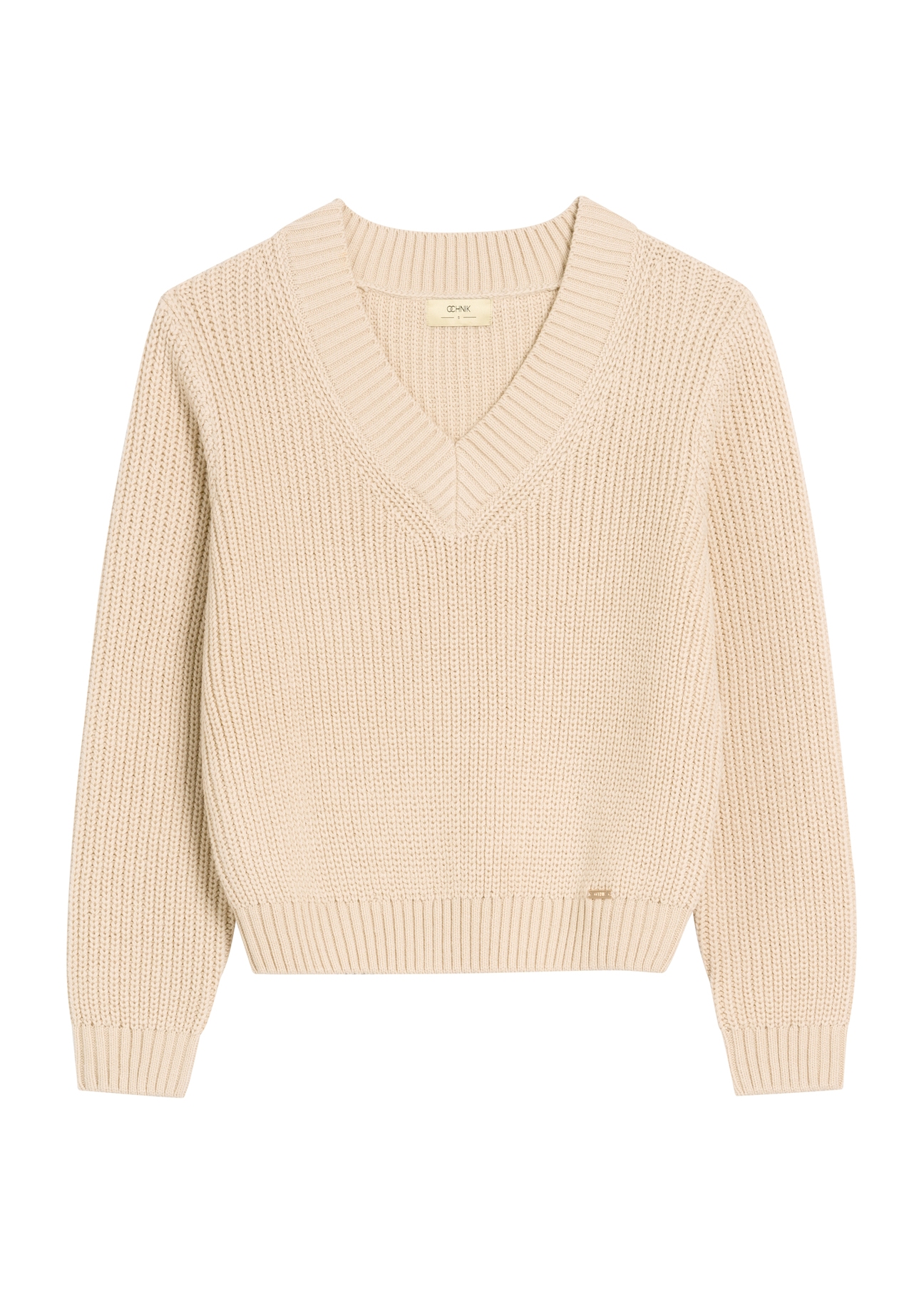Beżowy sweter dekolt V damski SWEDT-0162-80(Z25), widok produktu od przodu na białym tle.