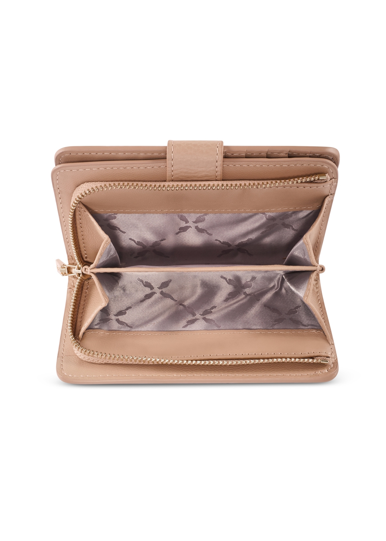 Średni beżowy skórzany portfel damski PORES-0896R-1B(W26), widok produktu od góry na białym tle.