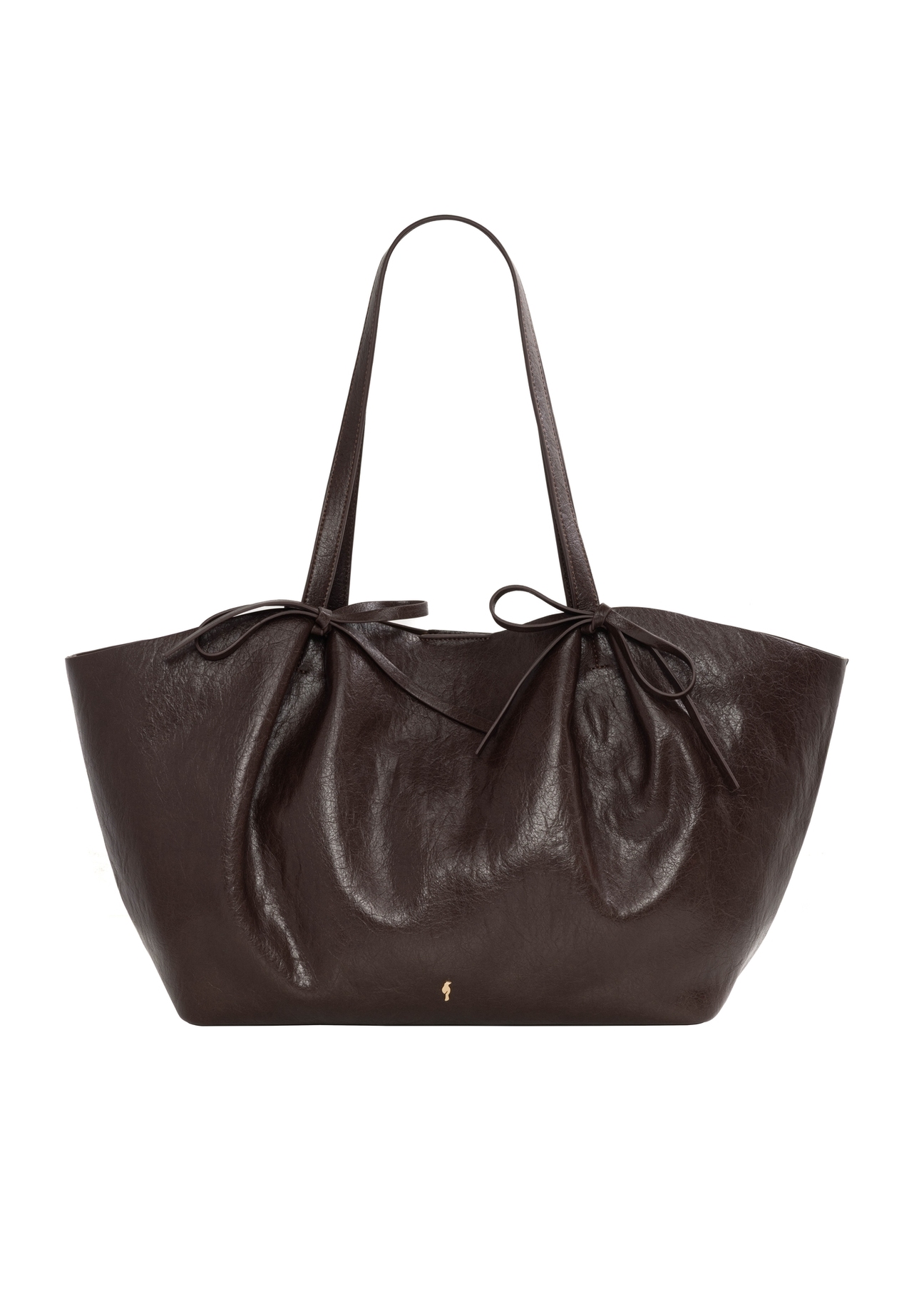 Brązowa torebka z kokardkami typu shopper TOREC-1378-1H(Z26), widok produktu z przodu na białym tle.