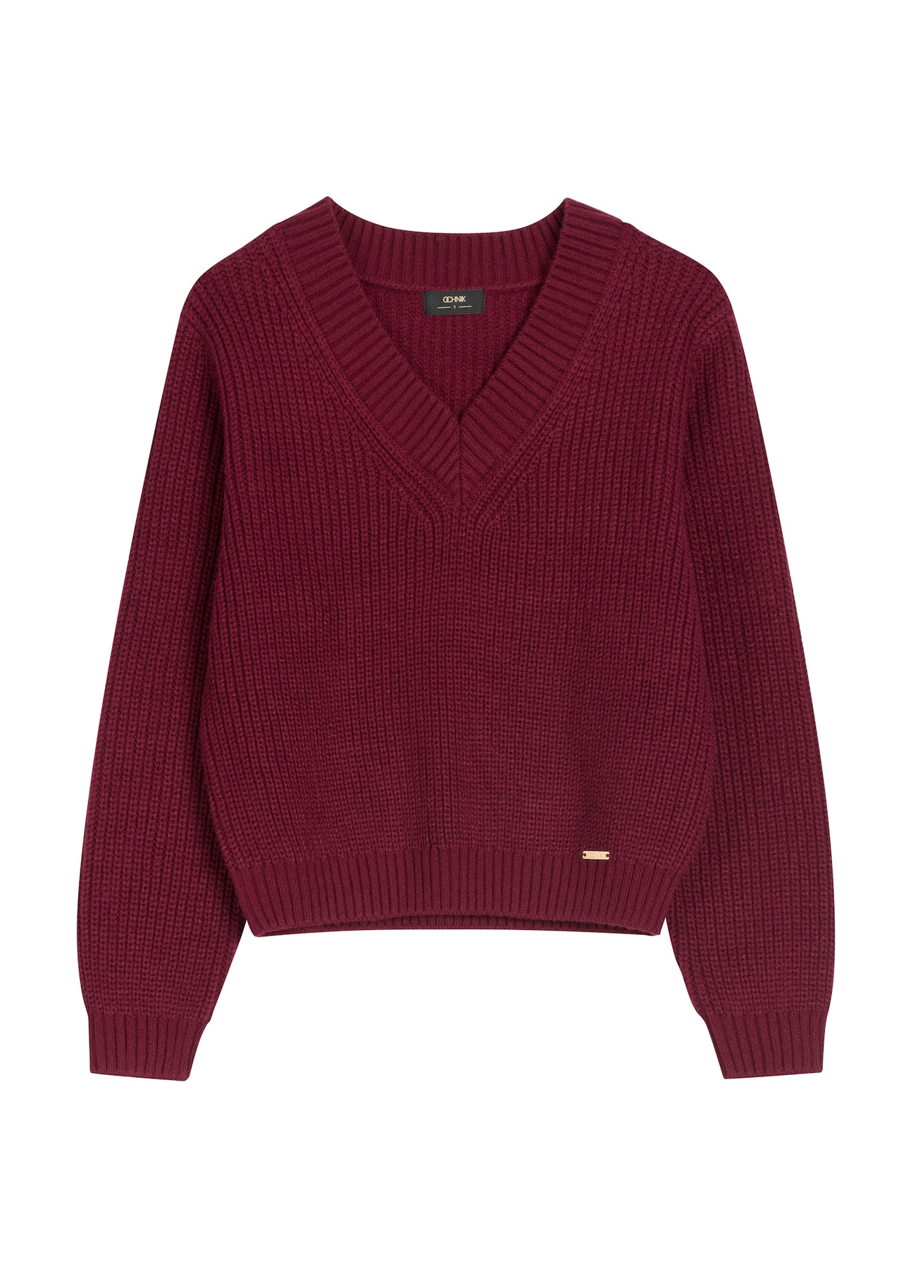 Bordowy sweter damski SWEDT-0162-4D(Z26), widok produktu z przodu na jasnym tle.