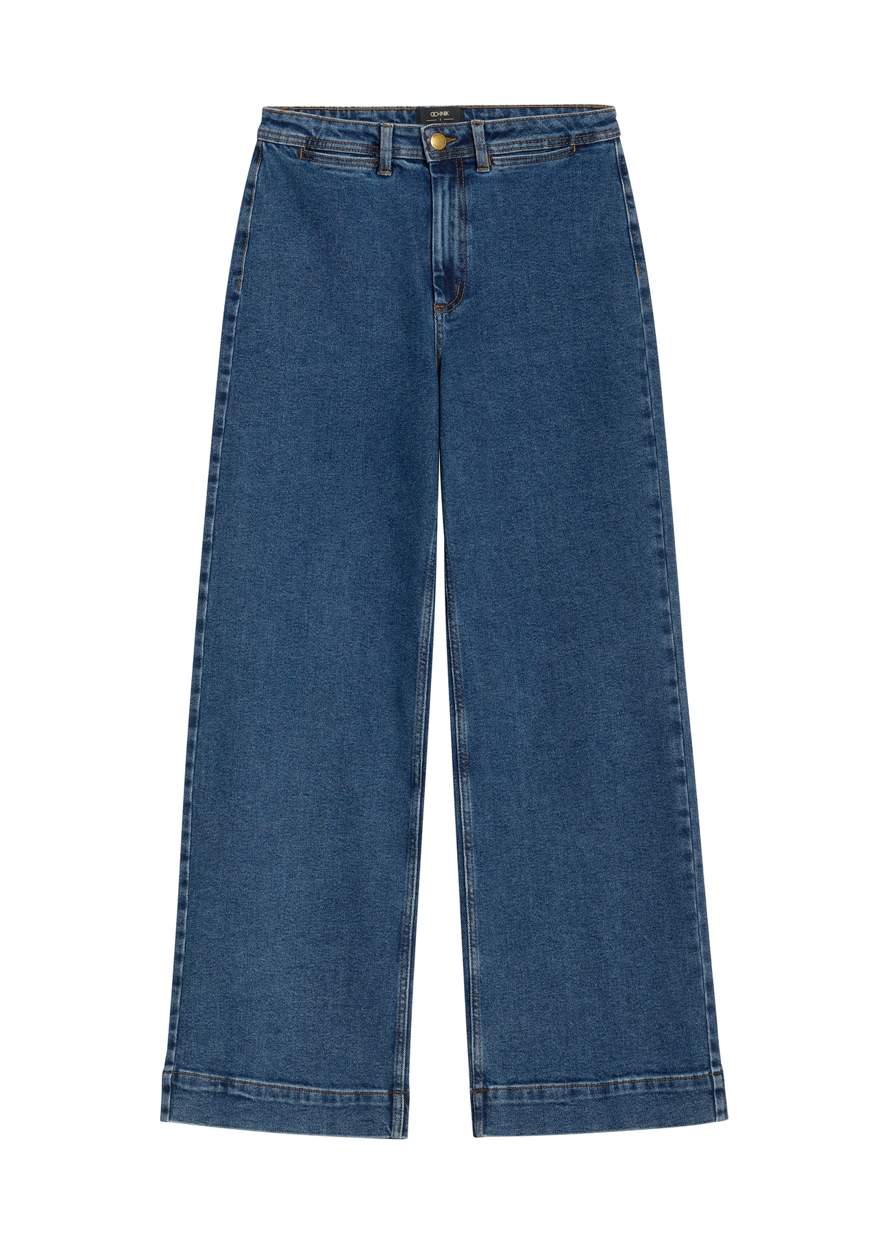 Damskie jeansy wide leg w kolorze ciemnogranatowym JEADT-0019-7D(Z26), widok produktu z przodu na białym tle.