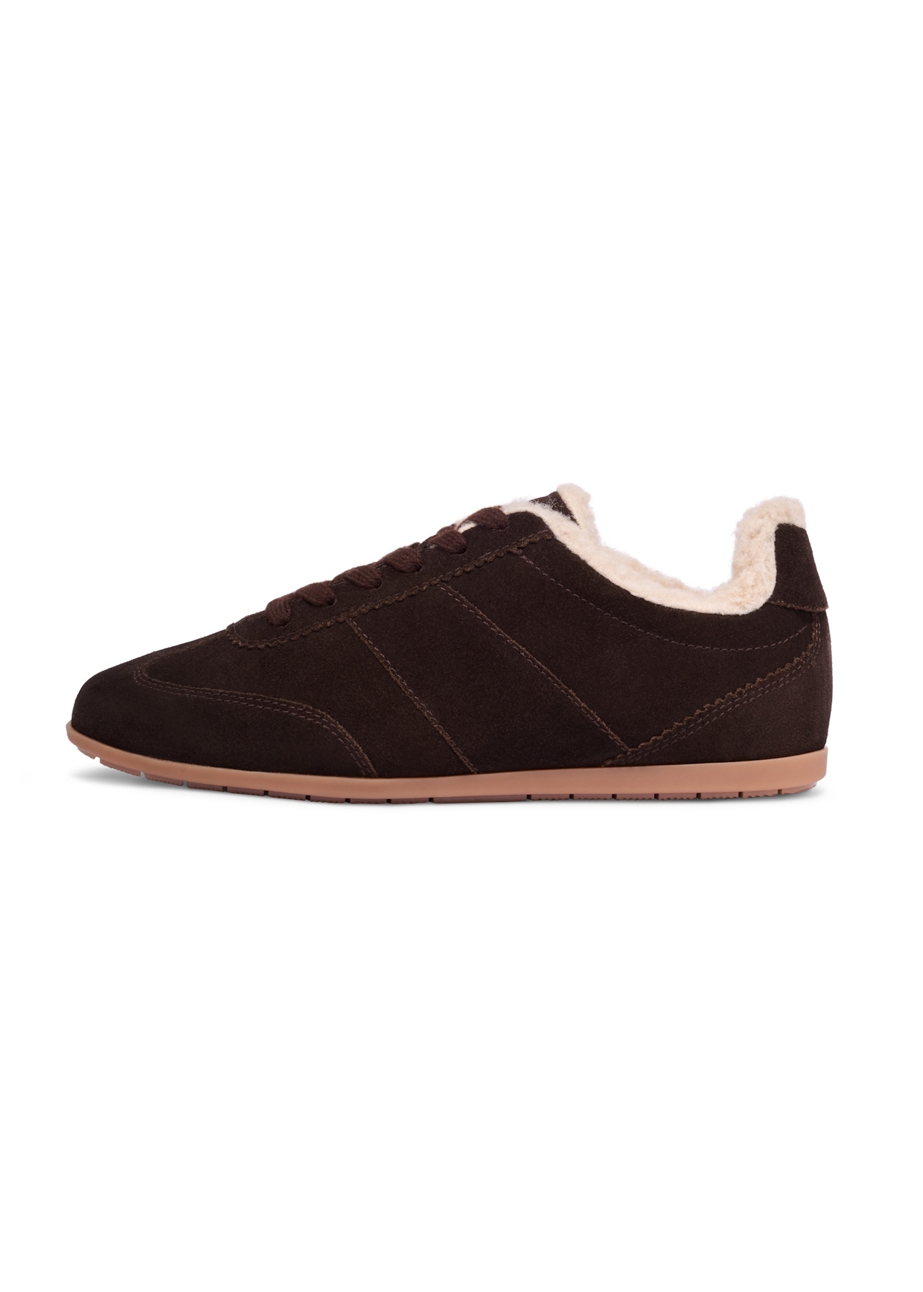 Zamszowe ciemnobrązowe sneakersy damskie BUTYD-1292-1I(Z26), widok produktu z boku na białym tle.