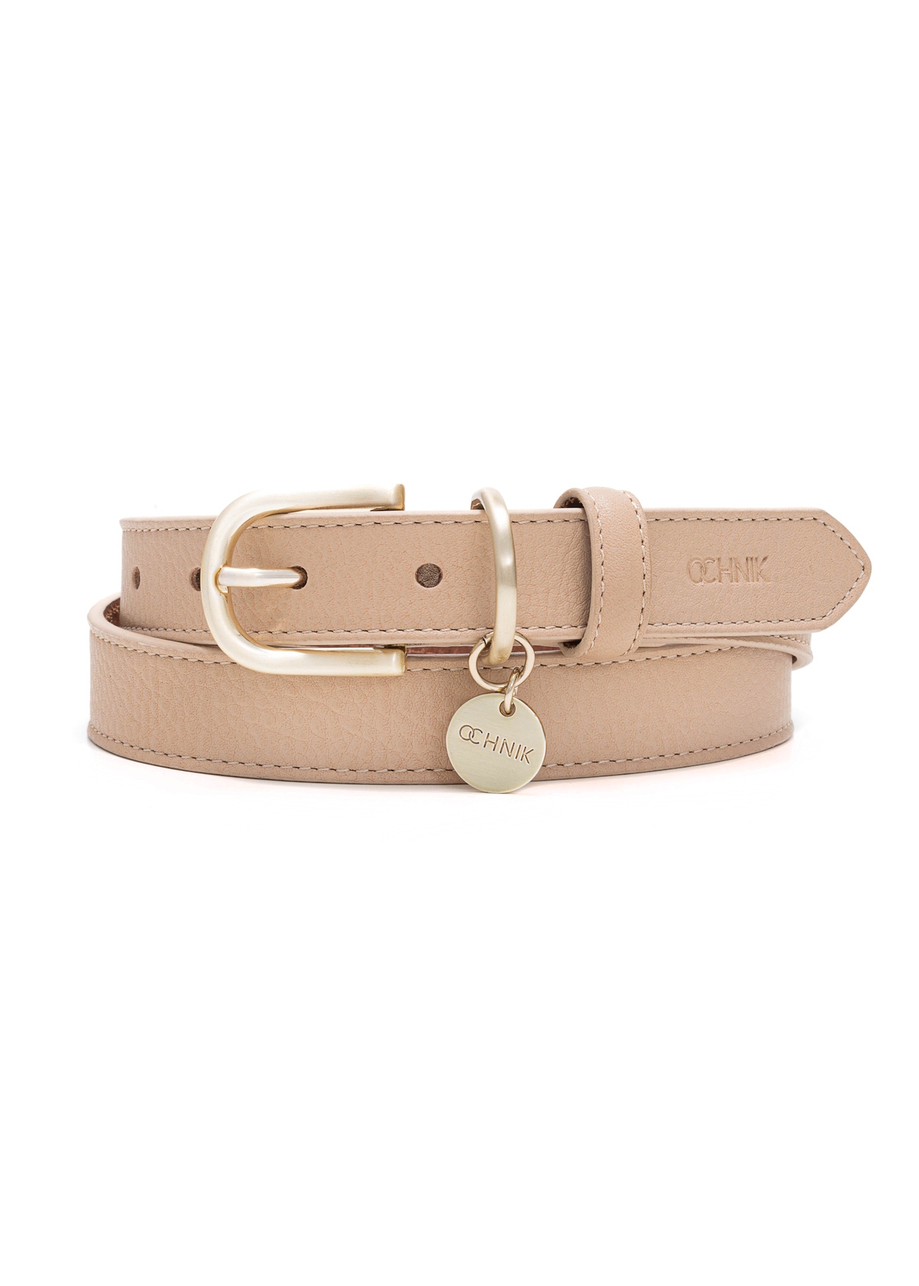 Beżowy pasek skórzany damski PASDS-0275-81(Z25), widok produktu z przodu na białym tle.