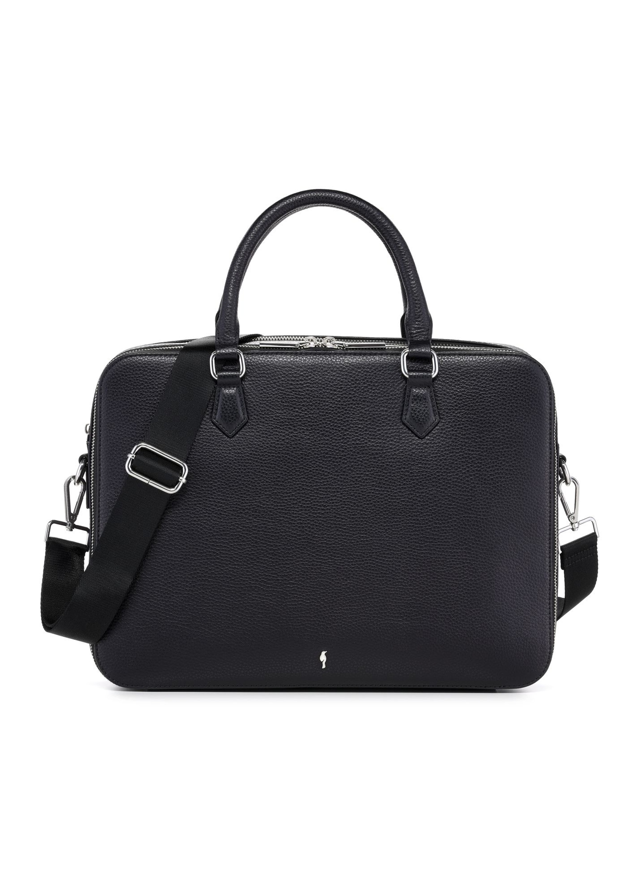 Czarna skórzana torba na laptopa TORES-1222-99-9I(W26) - widok produktu z przodu na białym tle. 