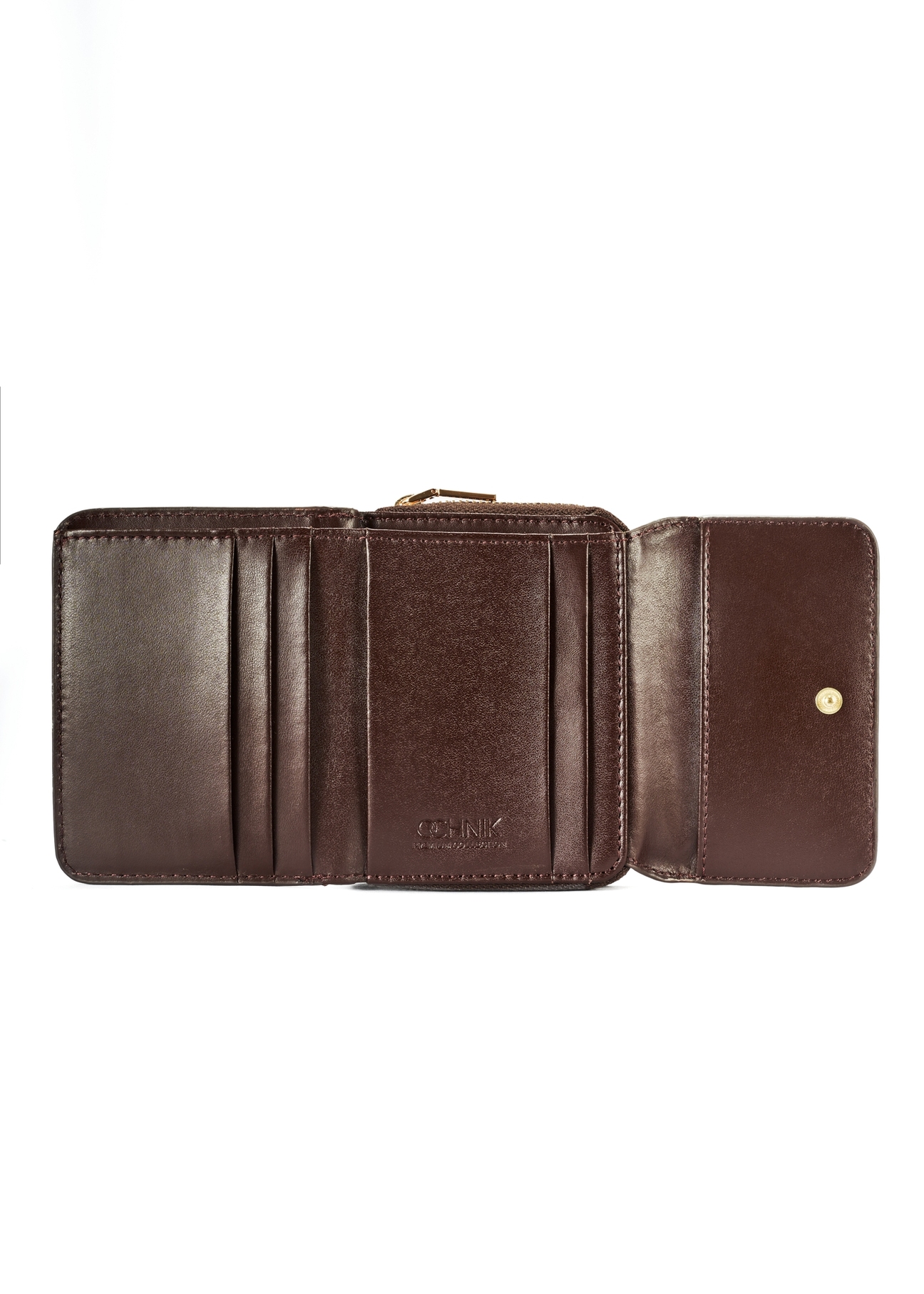 Brązowy portfel damski croco PORES-0953-89(W25) - widok otwartego produktu z góry na białym tle. 