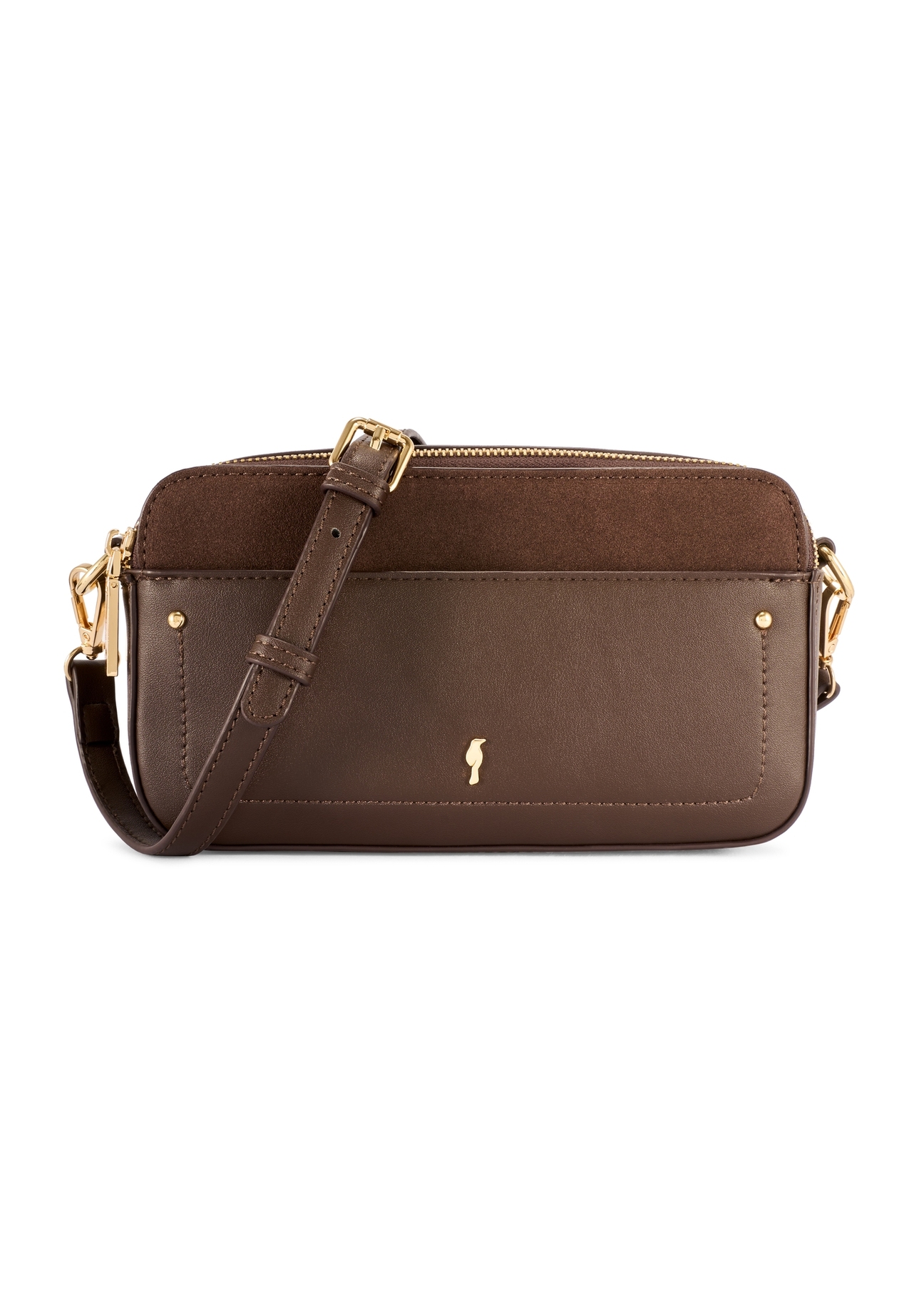 Mała brązowa torebka damska TOREC-1173-1I(W26), widok produktu z przodu na białym tle.