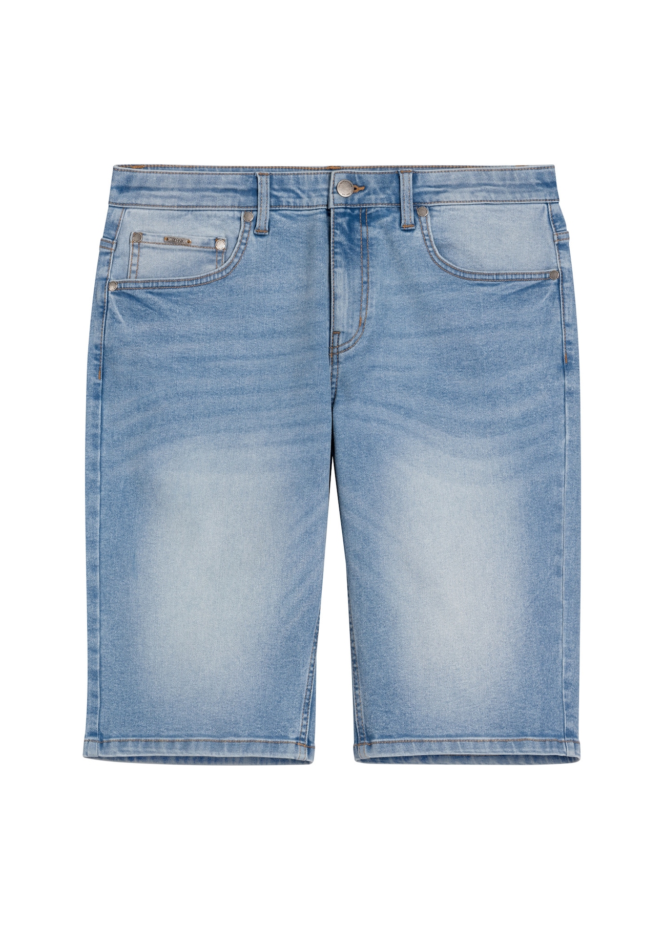 Niebieskie jeansowe szorty męskie SZOMT-0037-7B(W26), widok produktu z przodu na białym tle.