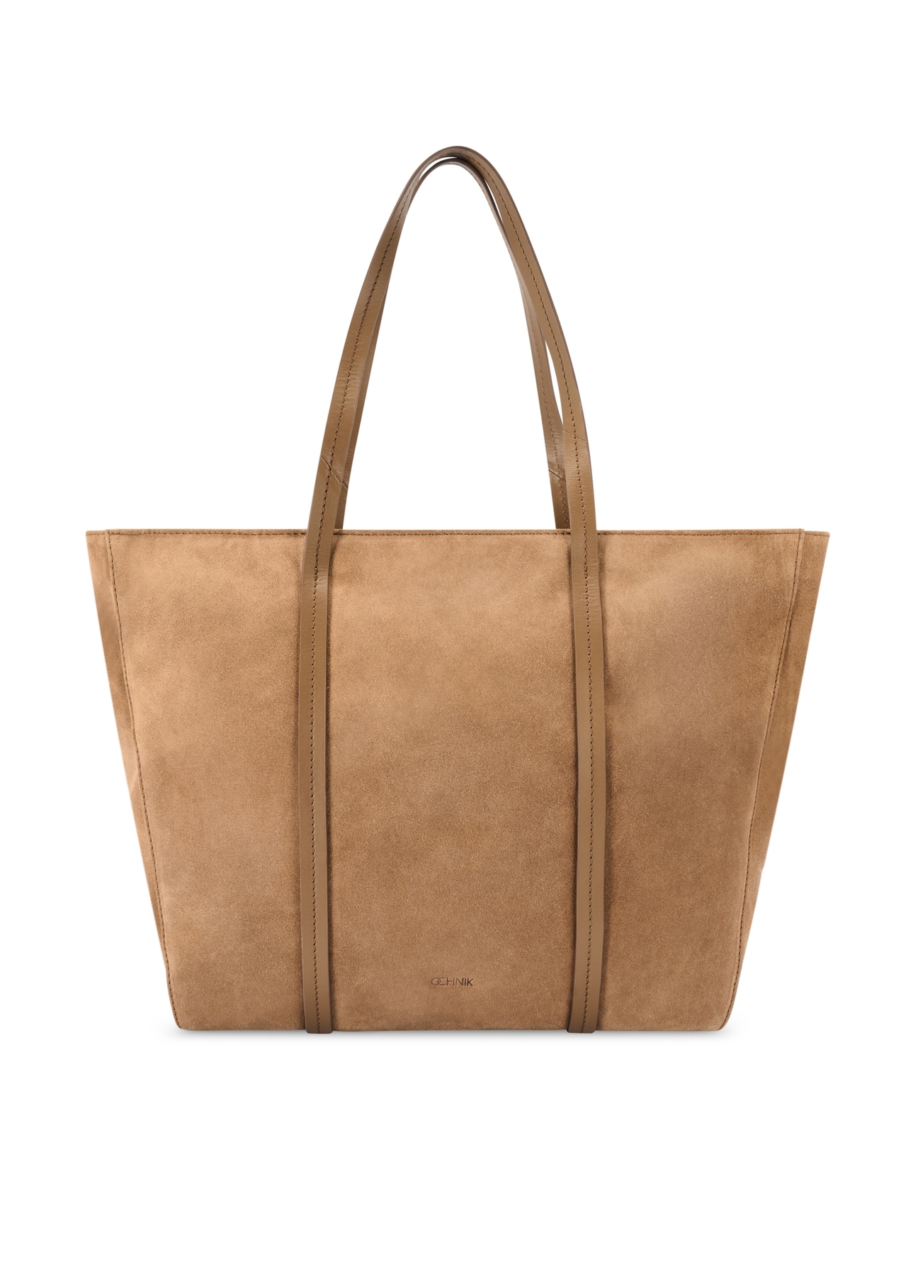 Beżowa zamszowa torebka shopper damska TORES-1248-1B(W26)- widok produktu z przodu, na białym tle. 