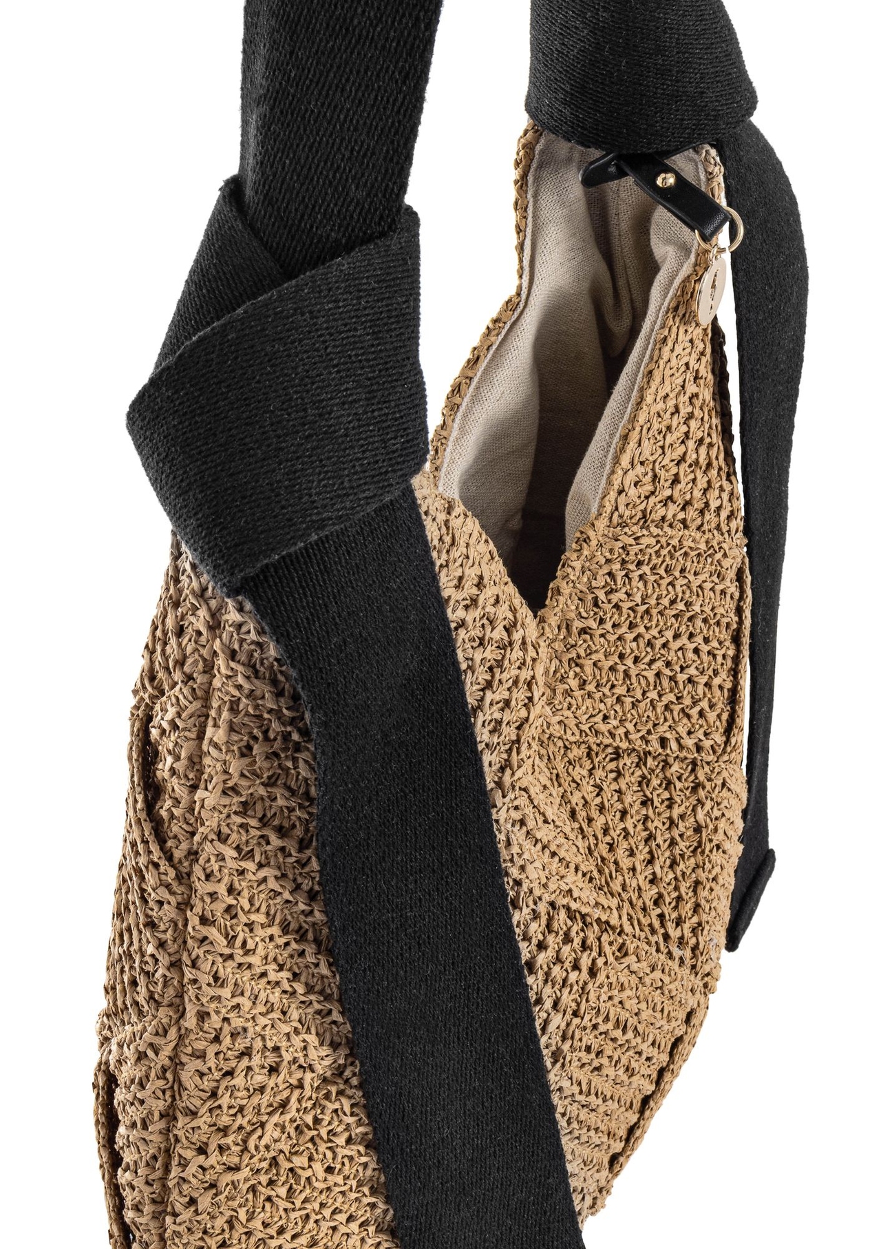 Beżowa torebka damska z naturalnego włókna TOREC-1039-1E(W26) - zbliżenie na detal, na białym tle.