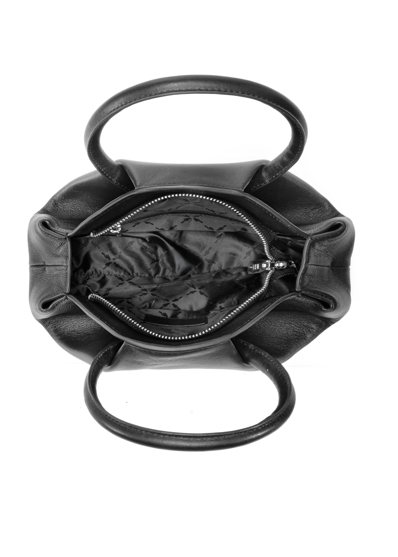 Czarna mini torebka typu top handle TORES-1203-99(Z25), widok wnętrza produktu na białym tle. 