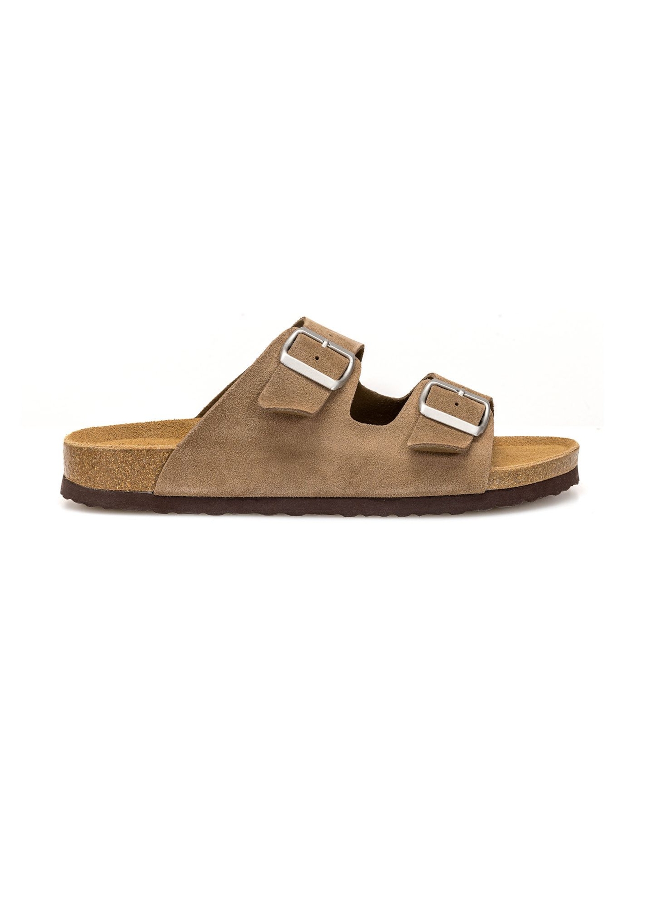 Skórzane klapki męskie w kolorze chłodnego beżu BUTYM-0495-1K(W26), widok produktu z boku na białym tle.