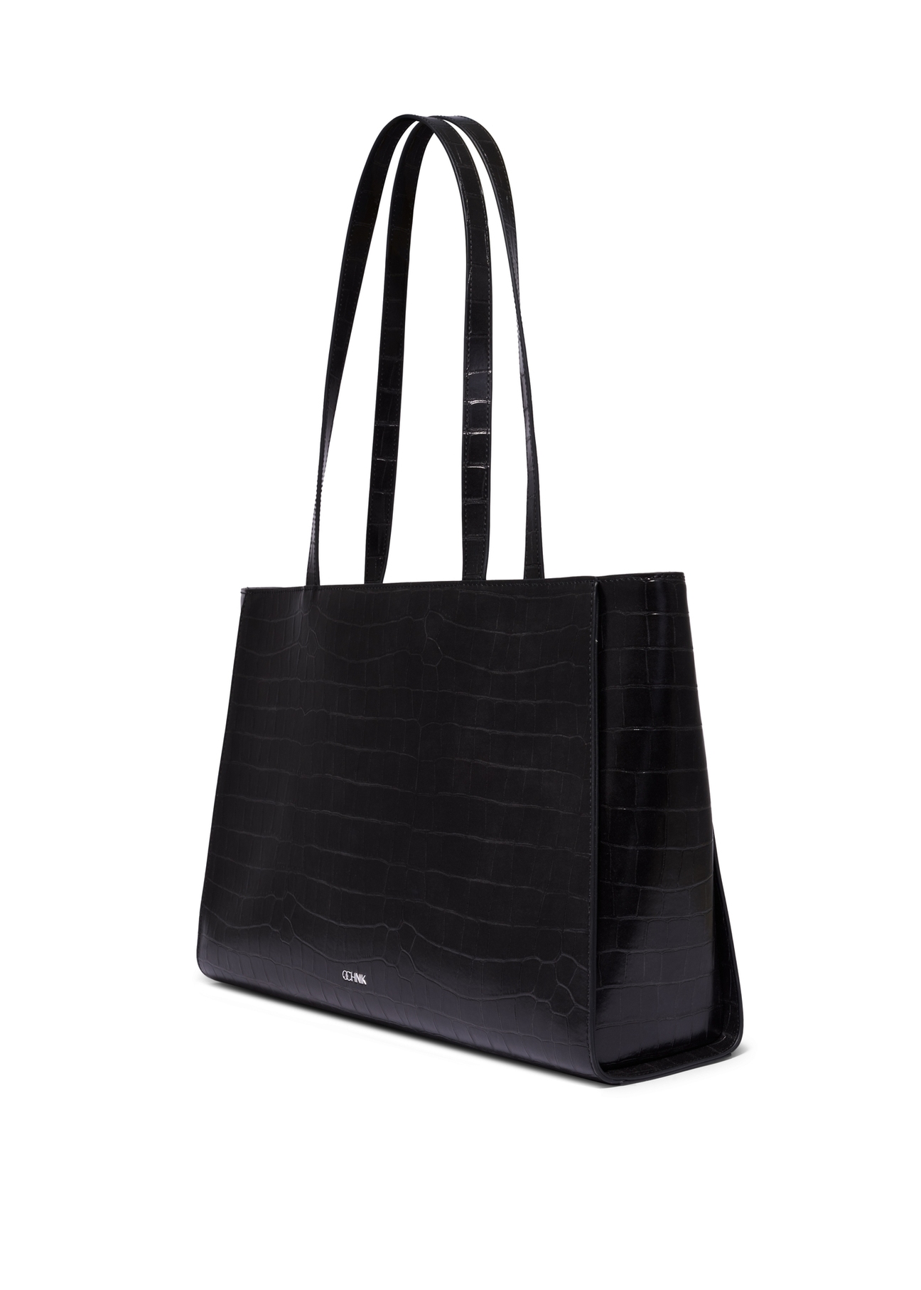 Czarna torebka shopper croco TOREC-1287-9G(Z26), widok produktu skosem na białym tle.