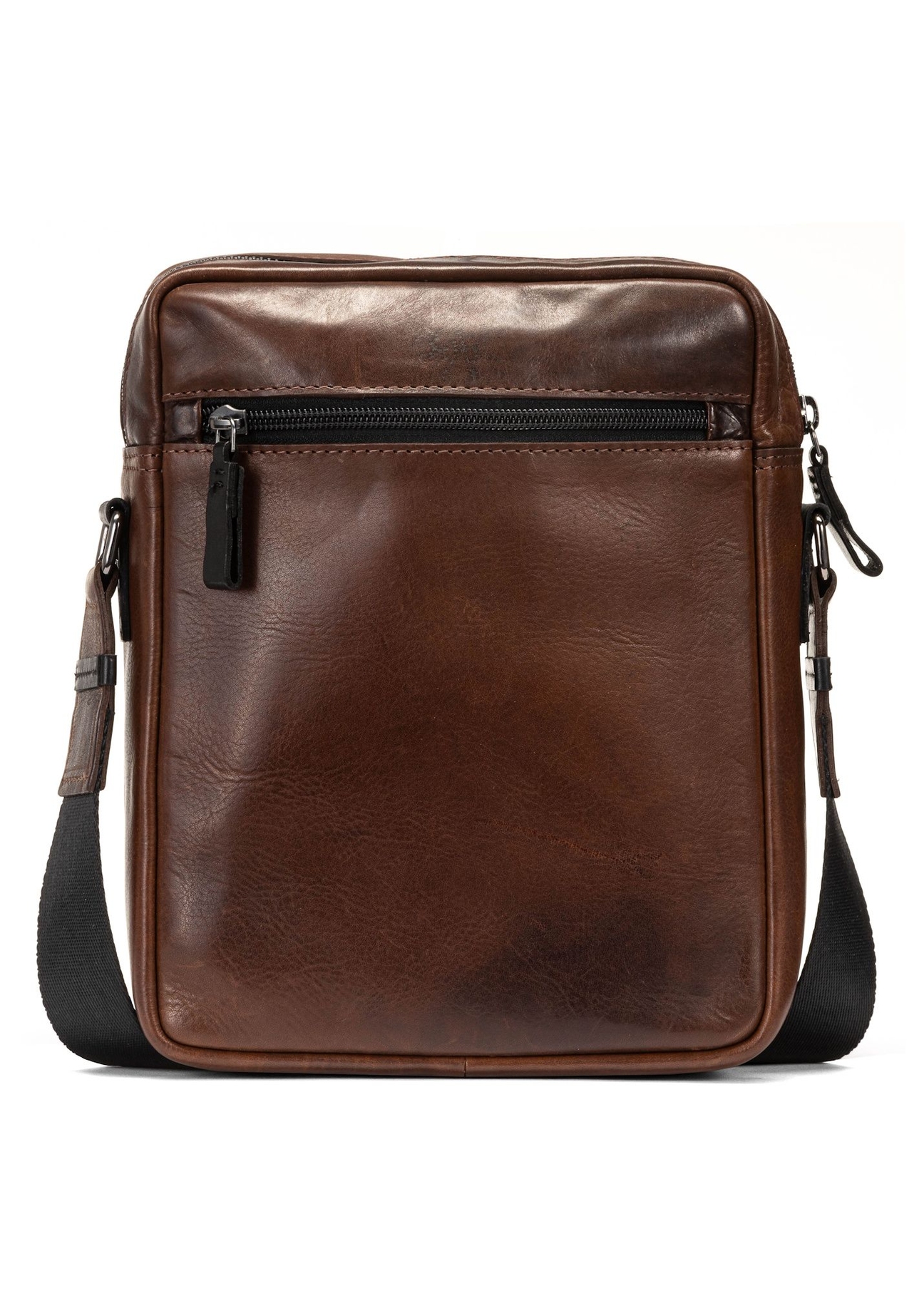 Skórzana brązowa torba męska TORMS-0104-1H(W26), widok produktu z tyłu na białym tle.