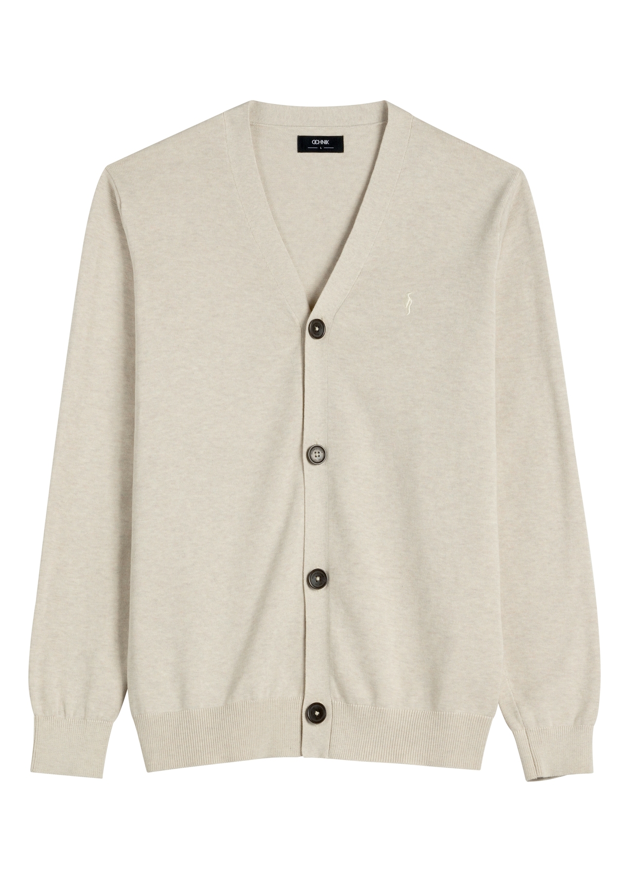 Jasnobeżowy bawełniany kardigan męski KARMT-0003-1A(W26), widok produktu z przodu na białym tle.