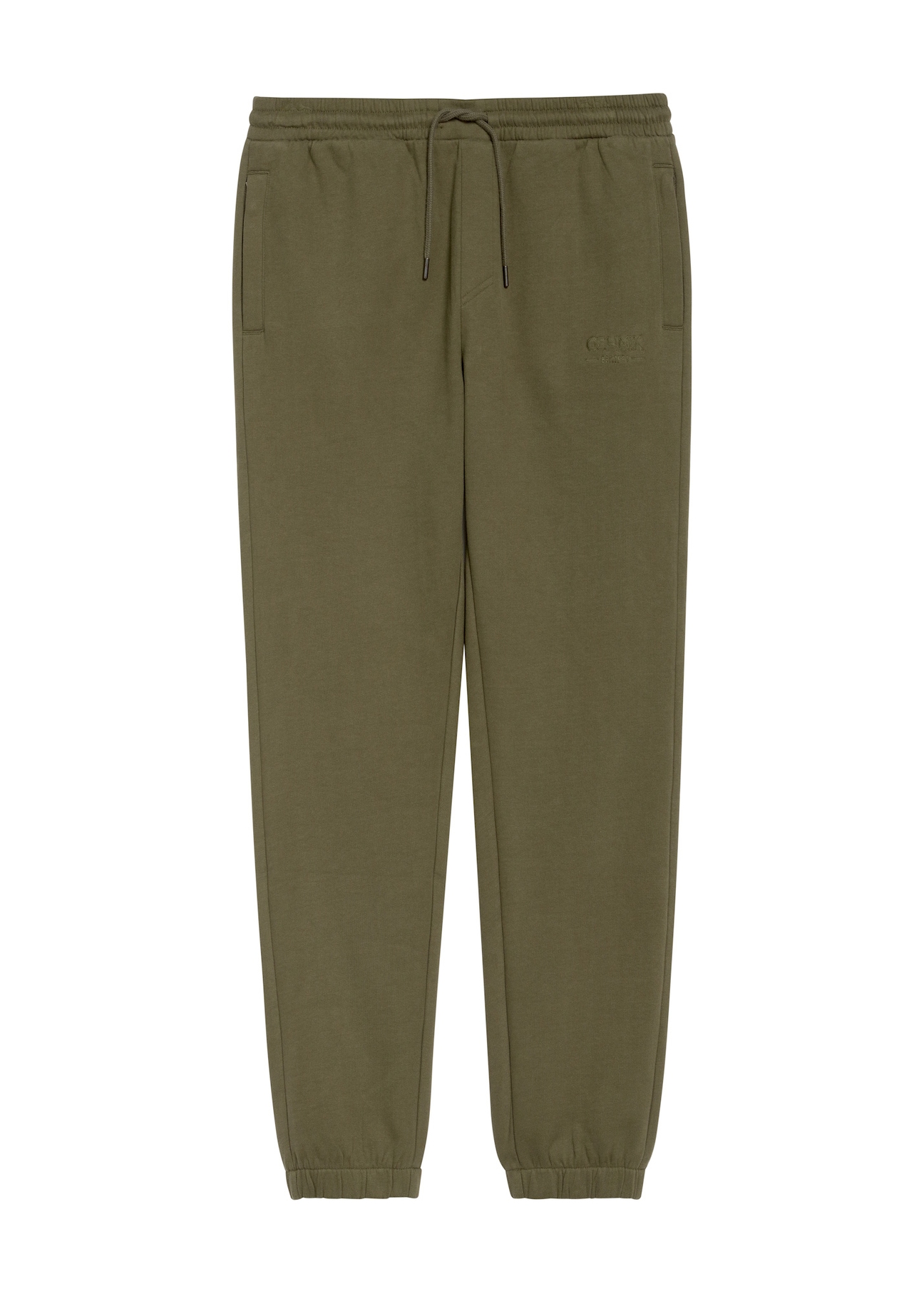 Dresowe spodnie męskie w kolorze khaki SPOMT-0101-55(Z25), widok produktu z przodu na białym tle.
