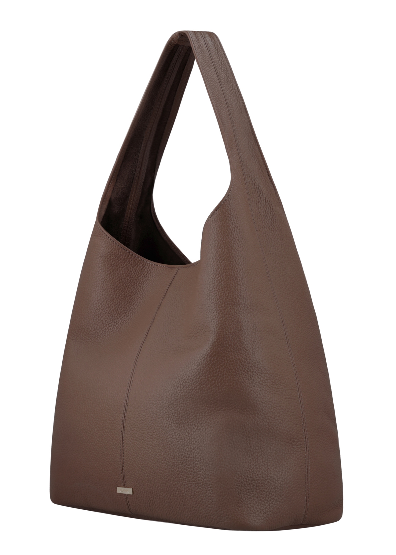 Brązowa skórzana torebka shopper TORES-1372-1K(Z26) - widok produktu po skosie, na białym tle.