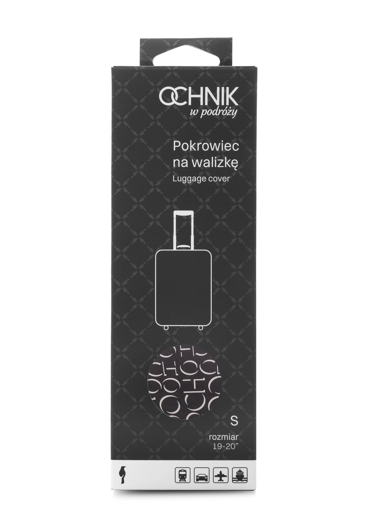 Pokrowiec na małą walizkę z monogramem AW-013-0001-98-S(W25), widok produktu w opakowaniu na białym tle.