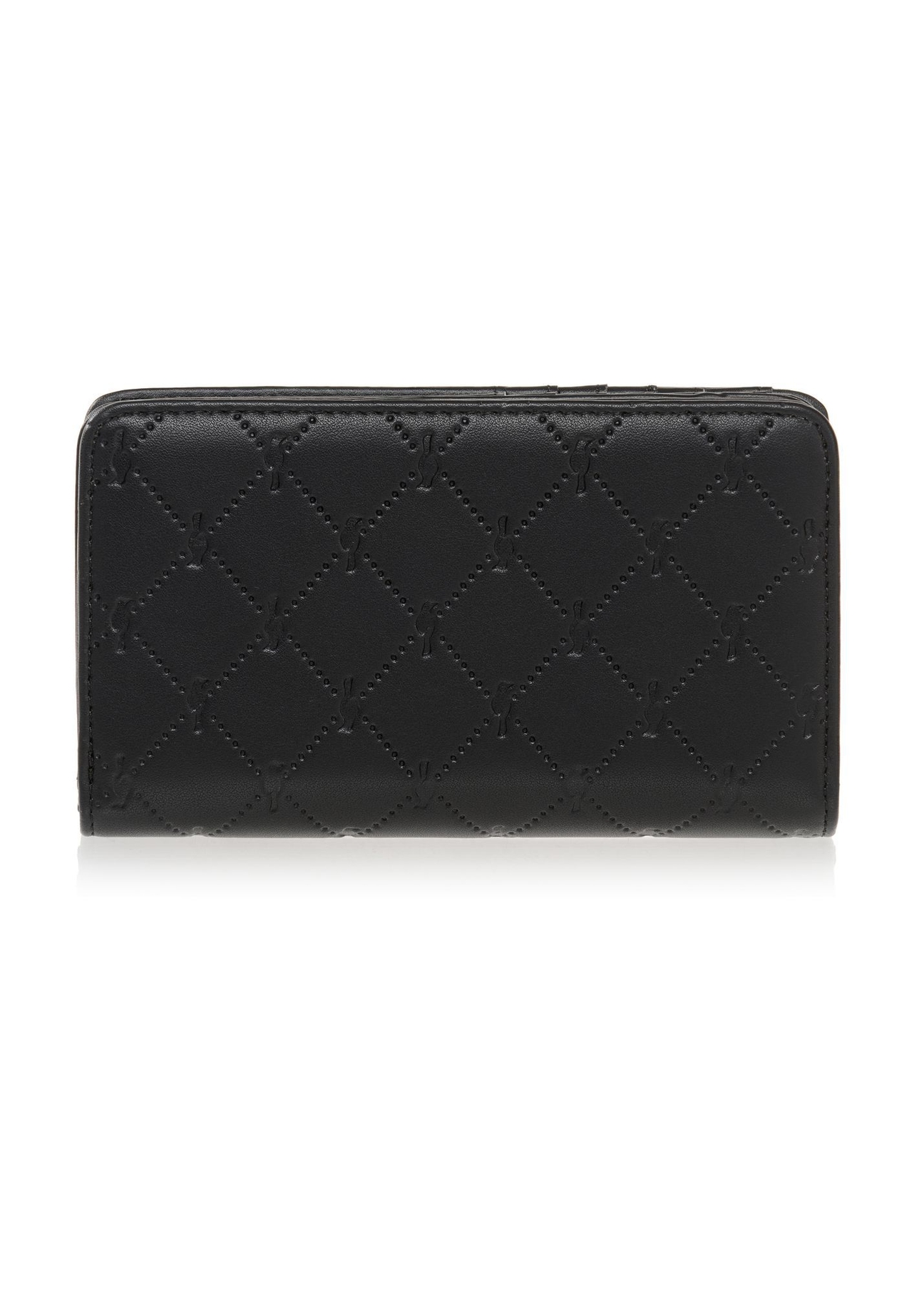 Czarny portfel damski z monogramem POREC-0348A-99(Z25), widok produktu z tyłu na białym tle.