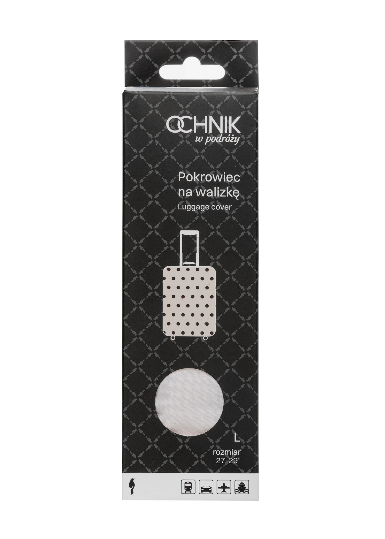 Pokrowiec na dużą walizkę w kropki AW-013-0007-0P-L(W26), widok produktu z przodu w opakowaniu.