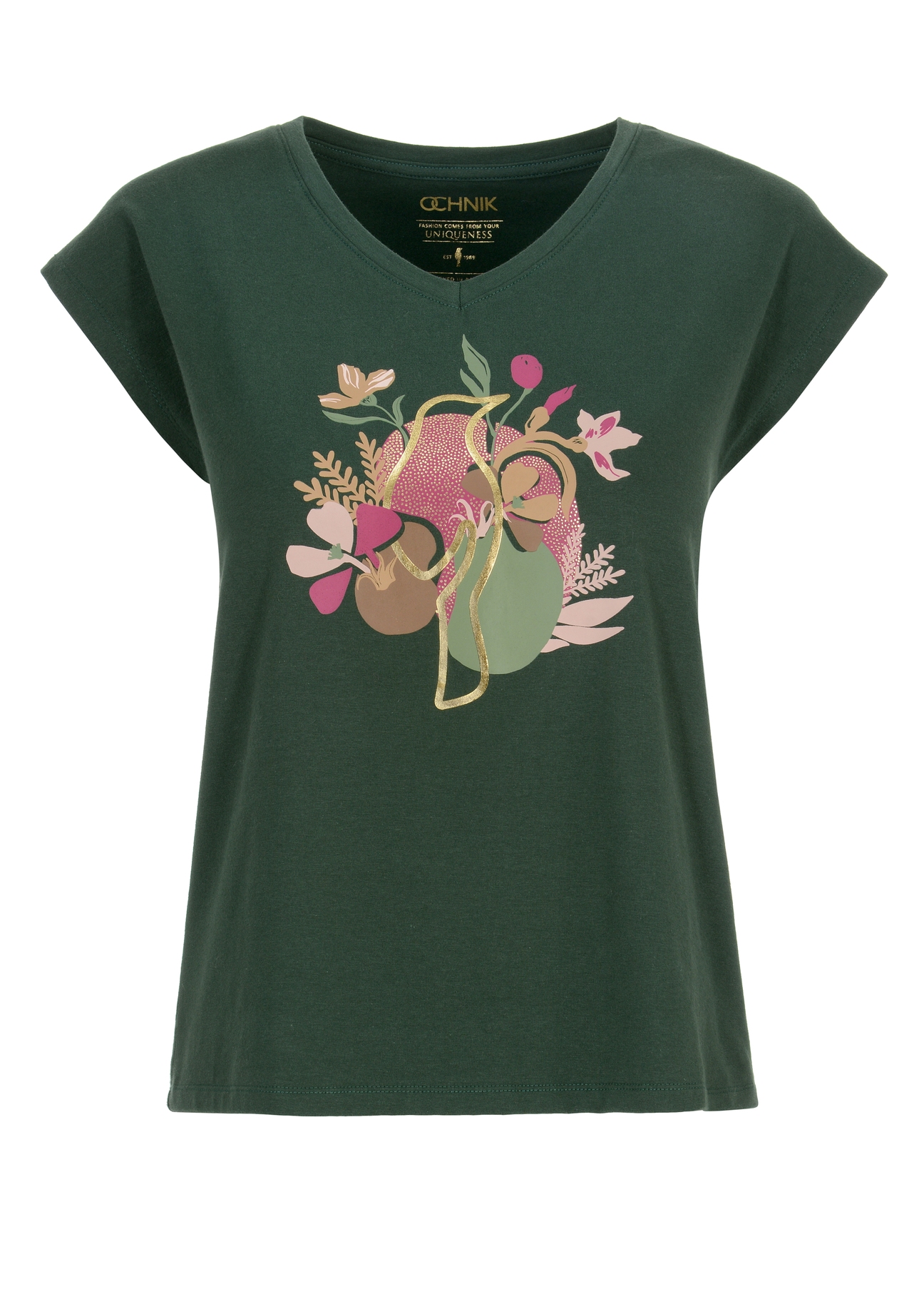 Zielony T-shirt damski w serek TSHDT-0099-54(Z22)-05