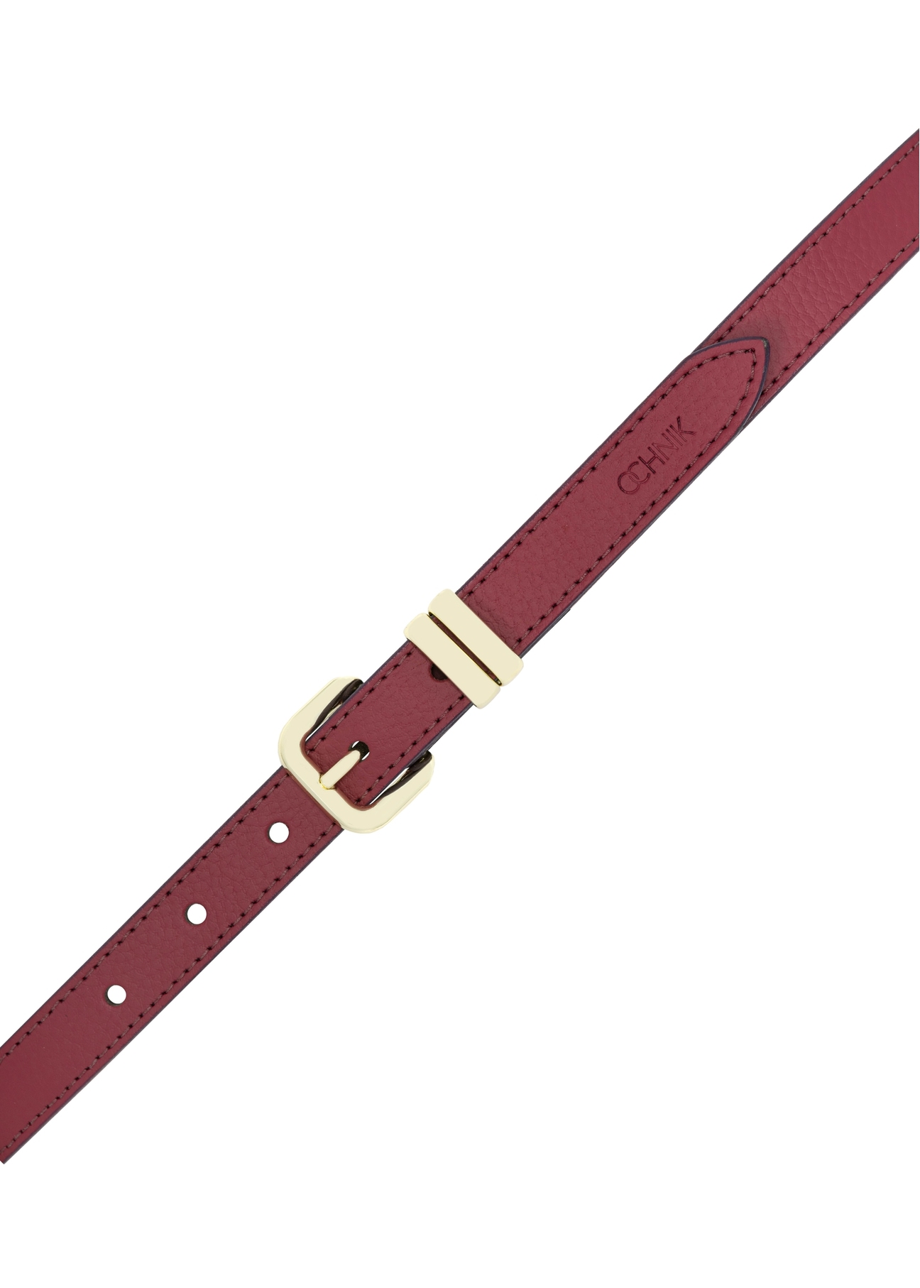 Fuksjowy skórzany pasek damski PASDS-0321-5E(W26) - widok produktu z góry, na białym tle. 