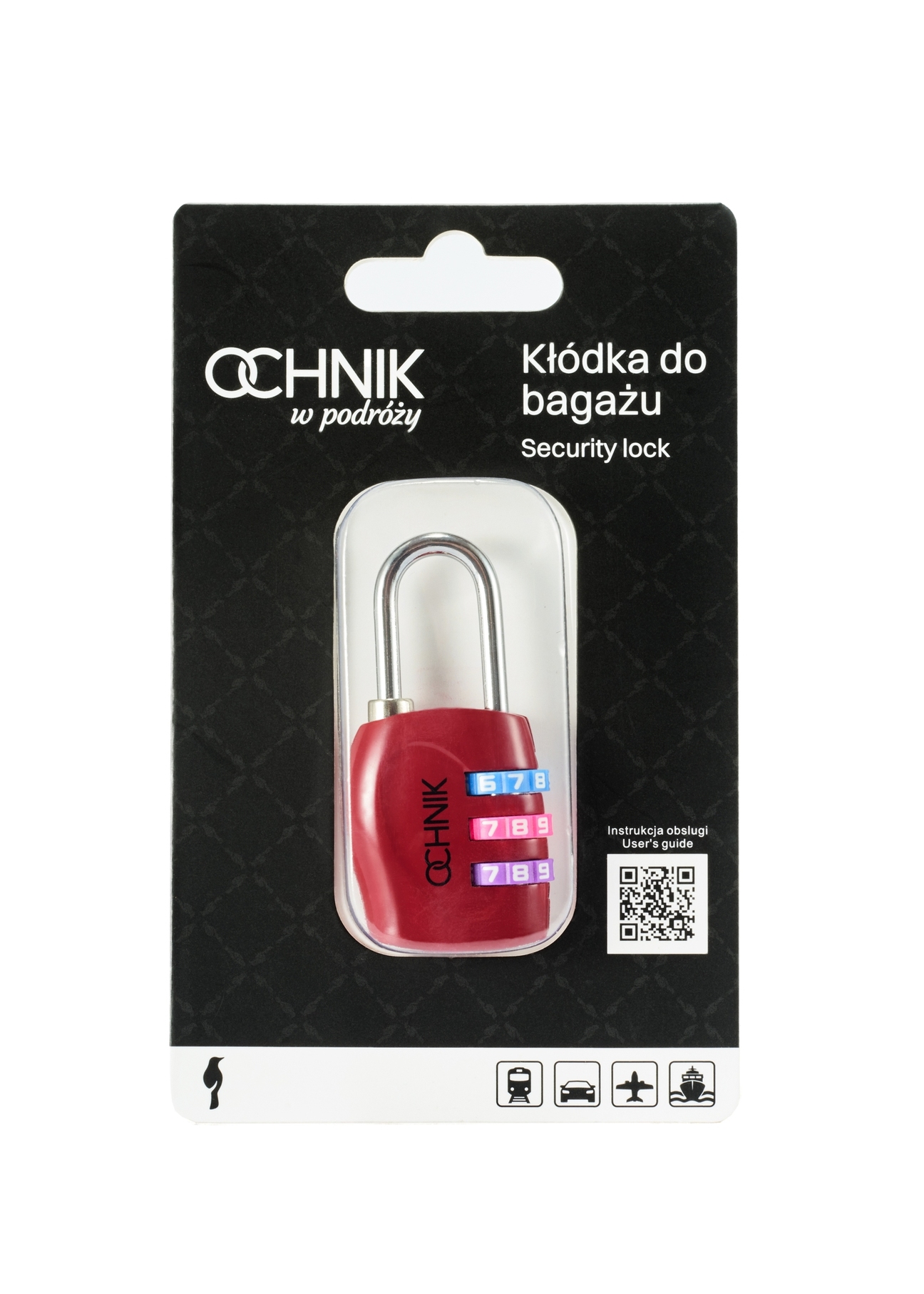 Czerwona szyfrowa kłódka AW-015-0001-41(W25), widok produktu przodem w opakowaniu na białym tle.